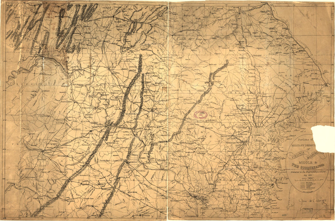 This old map of Portions of the Military Departments of Virginia, Washington, Middle & the Susquehanna, Portions of the Military Departments of Virginia, Washington, Middle & the Susquehanna from 1863, 1863 was created by Denis Callahan, Montgomery C. (M