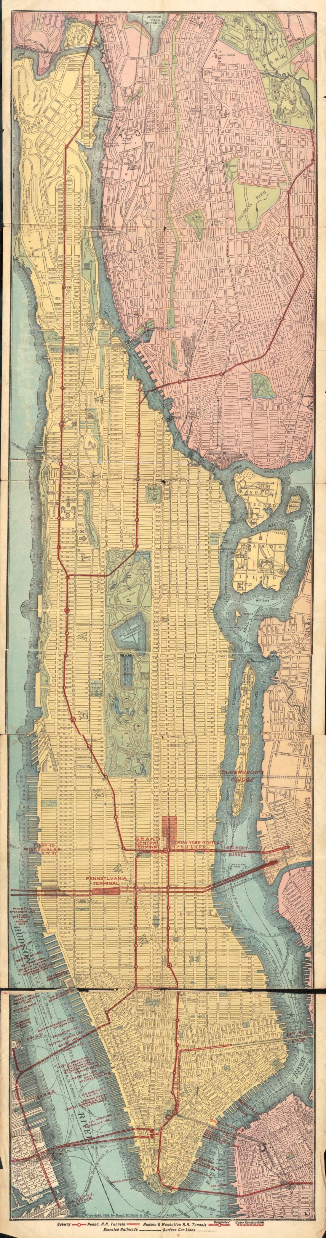 This old map of Rapid Transit Map of Manhattan and Adjacent Districts of New York City from 1908 was created by Rand McNally and Company in 1908