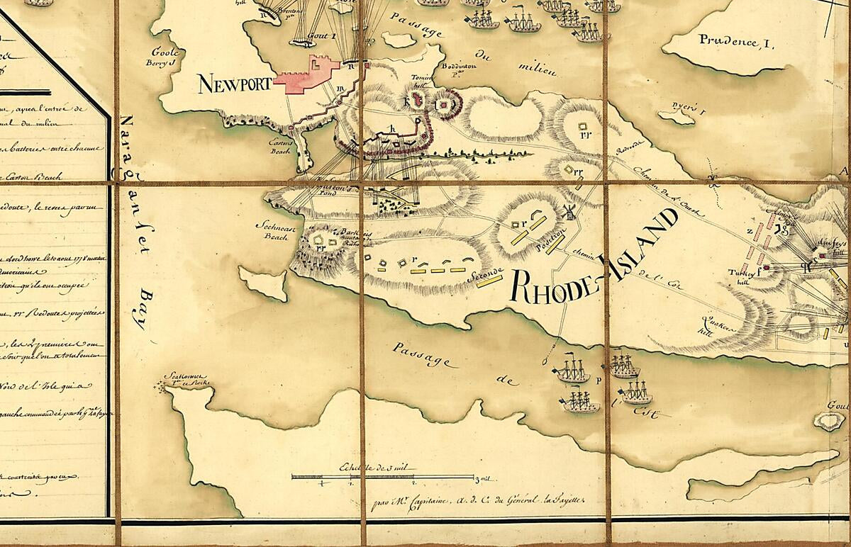 This old map of Plan De Rhode Islande, Les Differentes Operations De La Flotte Françoise Et Des Trouppes Américaines Commandeés Par Le Major Général Sullivan Contre Les Forces De Terre Et De Mer Des Anglois Depuis Le 9 Aout Jusqu&
