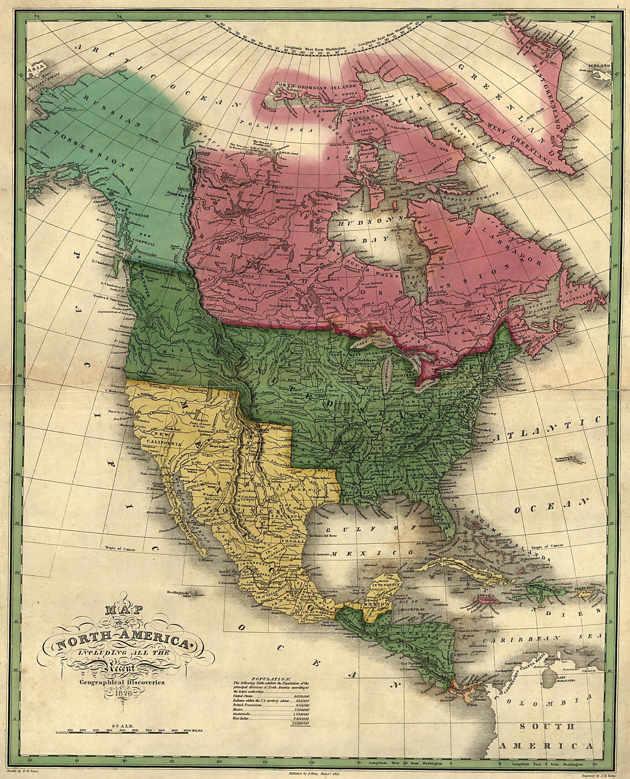 This old map of Map of North America Including All the Recent Geographical Discoveries from 1826 was created by A. (Anthony) Finley, D. H. (David H.) Vance in 1826