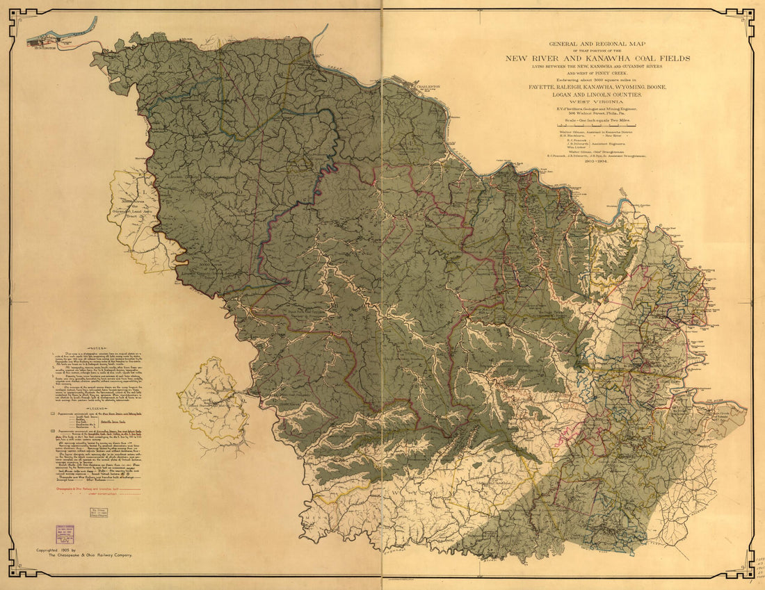 This old map of General and Regional Map of That Portion of the New River and Kanawha Coal Fields Lying Between the New, Kanawha and Guyandot Rivers and West of Piney Creek from 1905 was created by Chesapeake and Ohio Railroad Company in 1905
