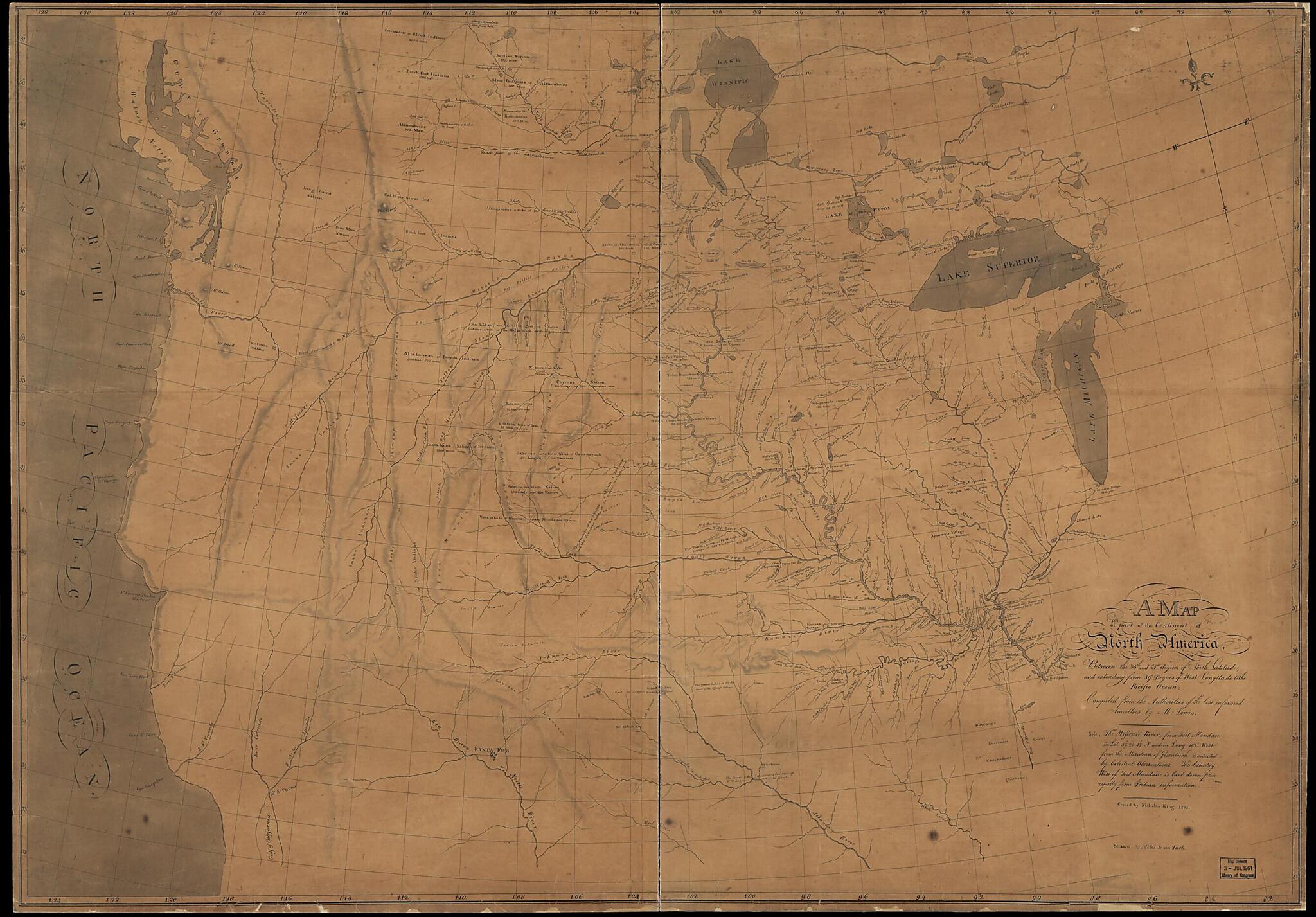 This old map of A Map of Part of the Continent of North America : Between the 35th and 51st Degrees of North Latitude, and Extending from 89⁰ Degrees of West Longitude to the Pacific Ocean from 1805 was created by William Clark, N. (Nicholas) King, Mer
