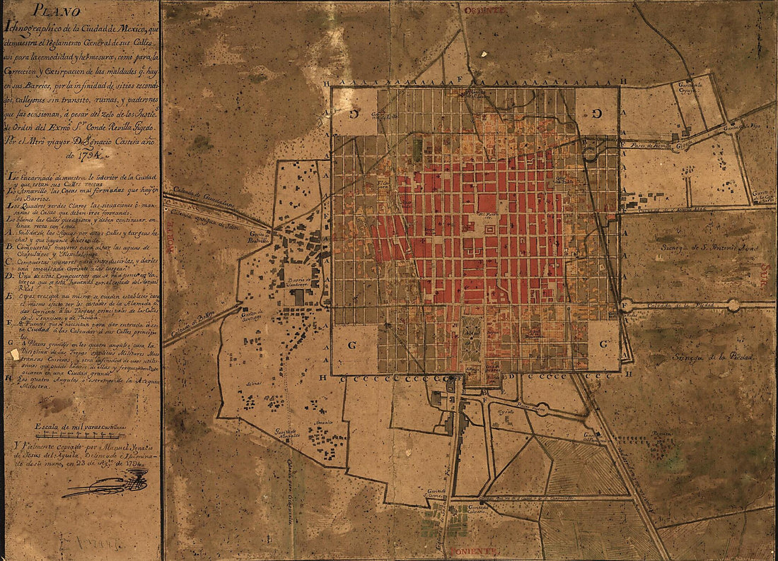 This old map of Plano Ichnographico De La Ciudad De Mexico Que Demuestra El Reglamento General De Sus Calles Asi Para La Comodidad Y Hermosura, Como Para La Correccion Y Extirpacion De Las Maldades Ge. Hay En Sus Barrios, Por La Infinidad De Sitios Escon