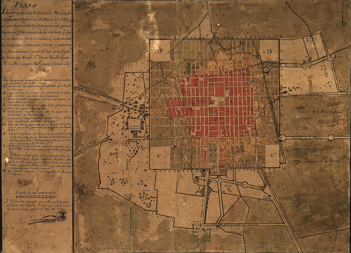 Plano Ichnographico De La Ciudad De Mexico Que Demuestra El Reglamento General De Sus Calles Asi Para La Comodidad Y Hermosura, Como Para La Correccion Y Extirpacion De Las Maldades Ge. Hay En Sus Barrios, Por La Infinidad De Sitios Escondidos, Callej... by Relic Map Company