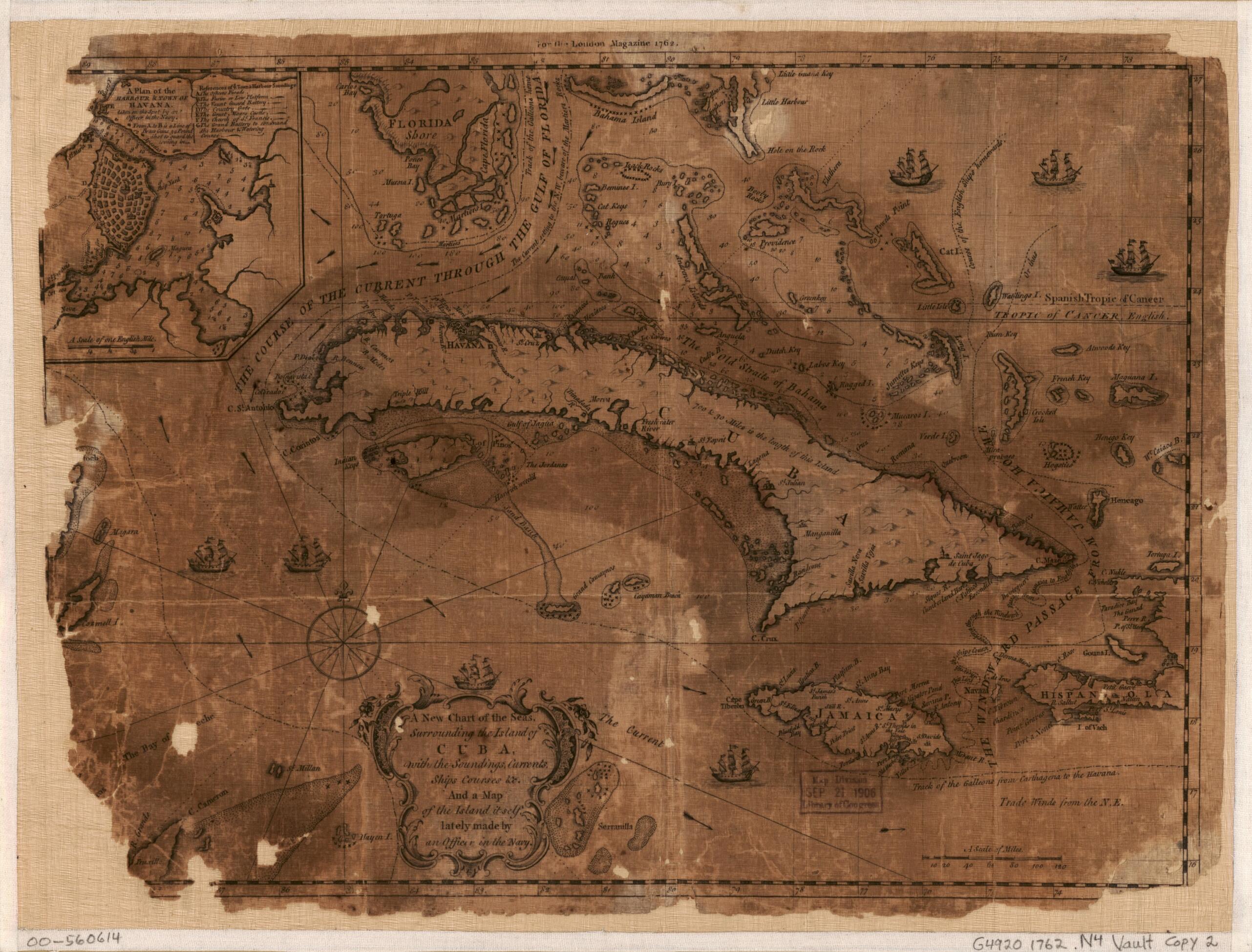 This old map of A New Chart of the Seas Surrounding the Island of Cuba With the Soundings, Currents, Ships, Courses &c. and a Map of the Island Itself Lately Made by an Officer In the Navy from 1762 was created by in 1762