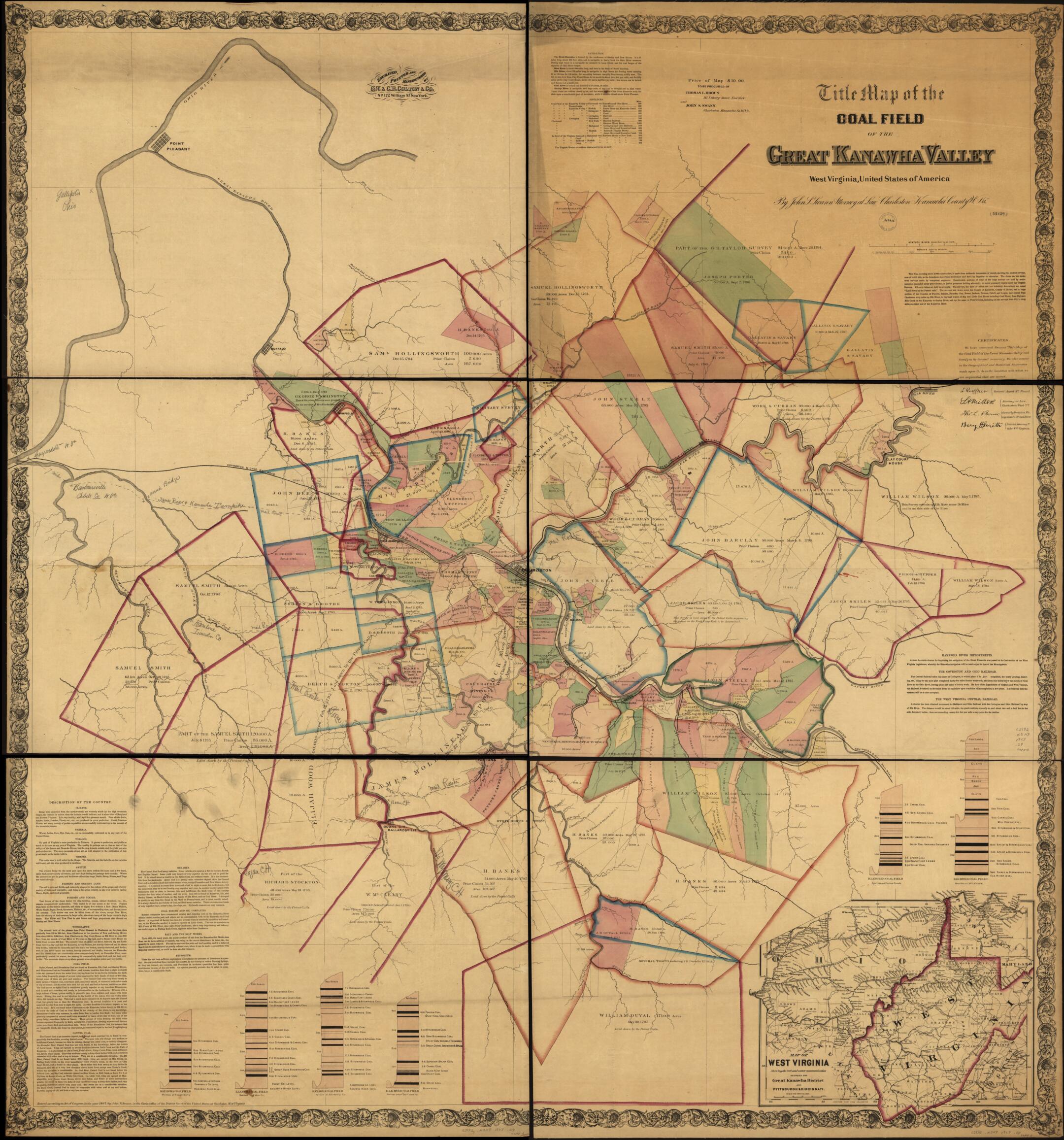 This old map of Title Map of the Coal Field of the Great Kanawha Valley from 1867 was created by G.W. & C.B. Colton & Co, John S. Swann in 1867