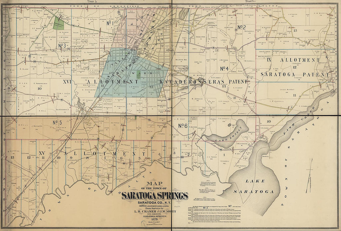 This old map of Map of the Town of Saratoga Springs, Saratoga County, New York from 1879 was created by L. H. Cramer, J. W. Mott in 1879