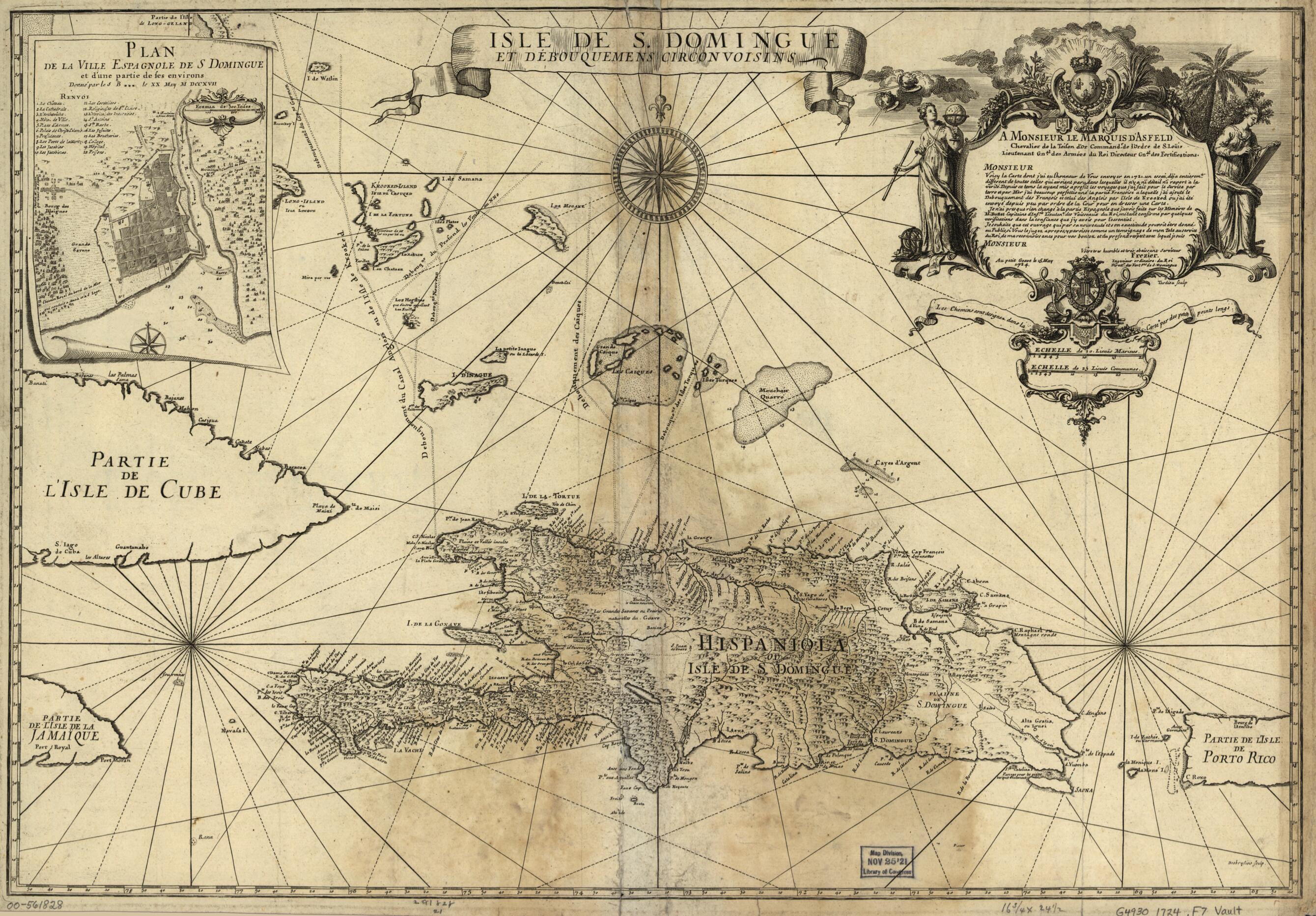 This old map of Isle De S. Domingue Et Débouquemens Circonvoisins from 1724 was created by Amédée François Frézier in 1724