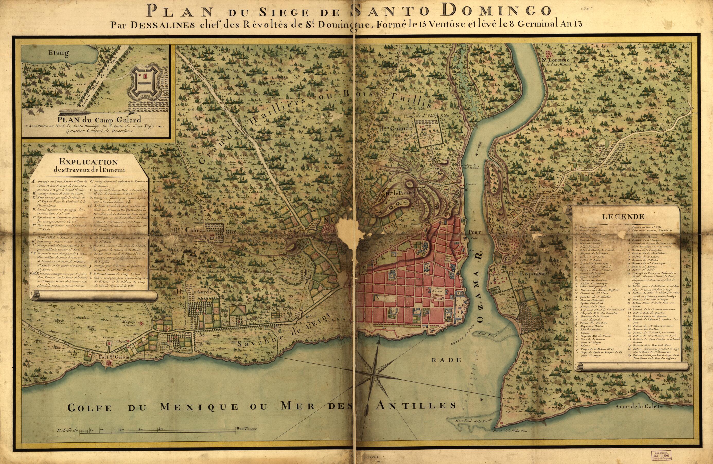 This old map of Plan Du Siège De Santo Domingo Par Dessalines, Chef Des Révoltes De St. Domingue, Forme Le 15 Ventôse Et Levé Le 8 Germinal an 13 from 1805 was created by Jacques in 1805