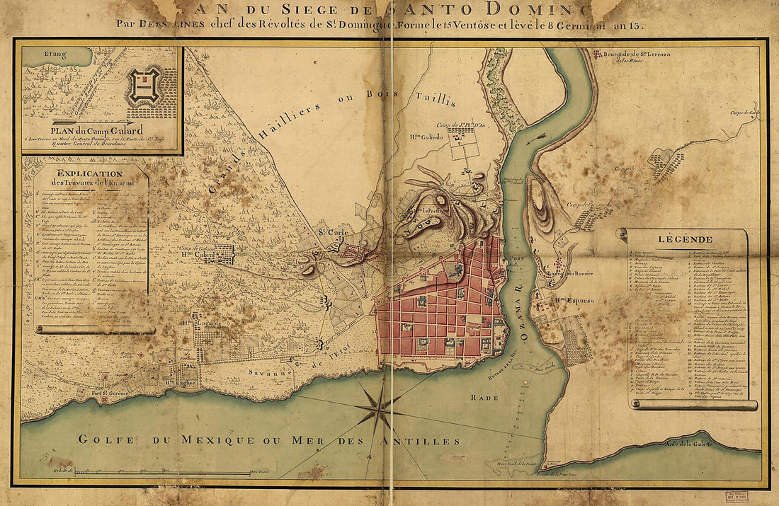 This old map of Plan Du Siège De Santo Domingo Par Dessalines, Chef Des Révoltes De St. Domingue, Forme Le 15 Ventôse Et Levé Le 8 Germinal an 13 from 1805 was created by Jacques in 1805