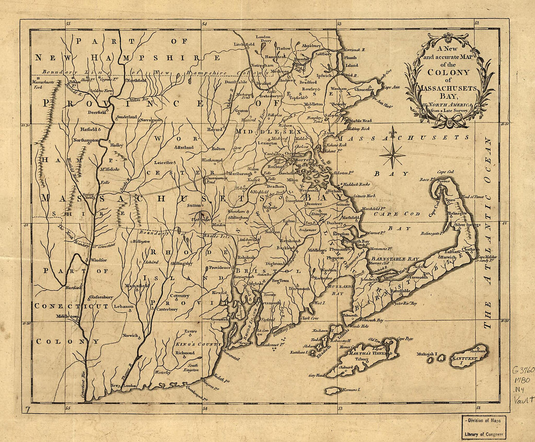 This old map of A New and Accurate Map of the Colony of Massachusets i.e. Massachusetts Bay, In North America, from a Late Survey. (New and Accurate Map of the Colony of Massachusets Bay, New and Accurate Map of the Colony of Massachusetts Bay) from 1780