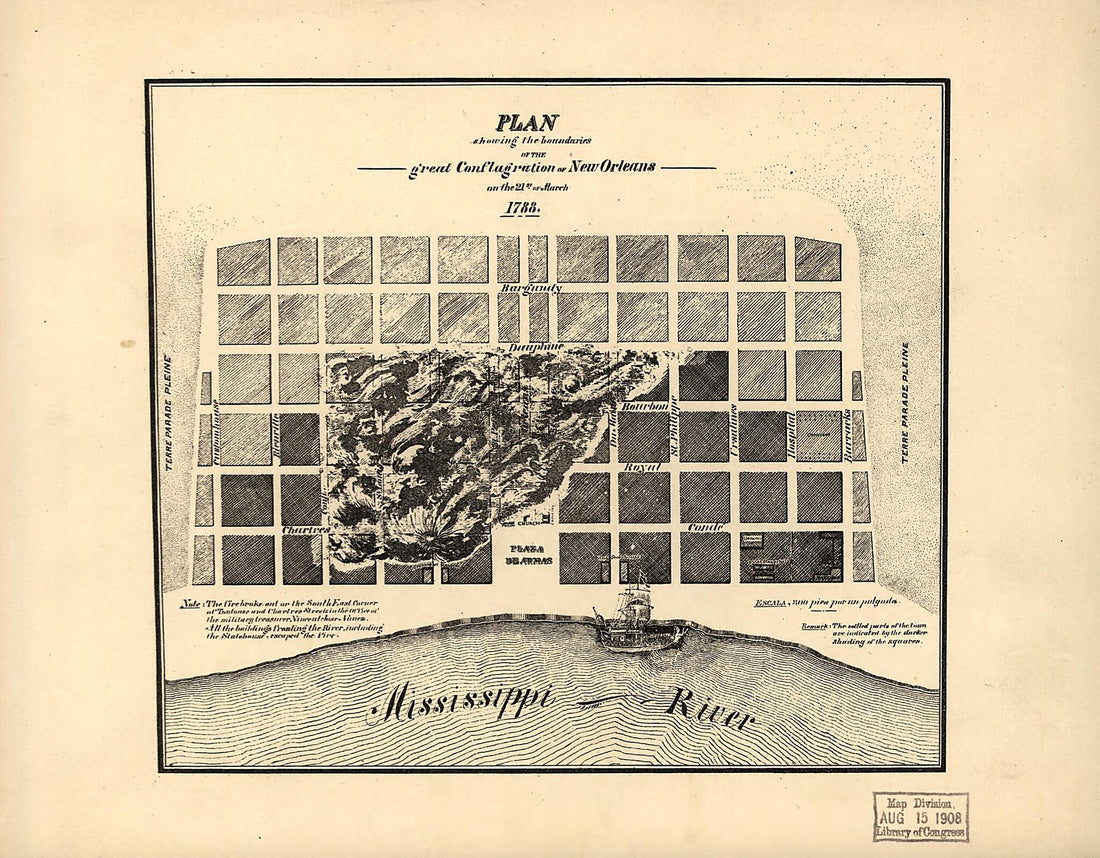 This old map of Plan Showing the Boundaries of the Great Conflagration of New Orleans On the 21st of March 1788 from 1900 was created by in 1900