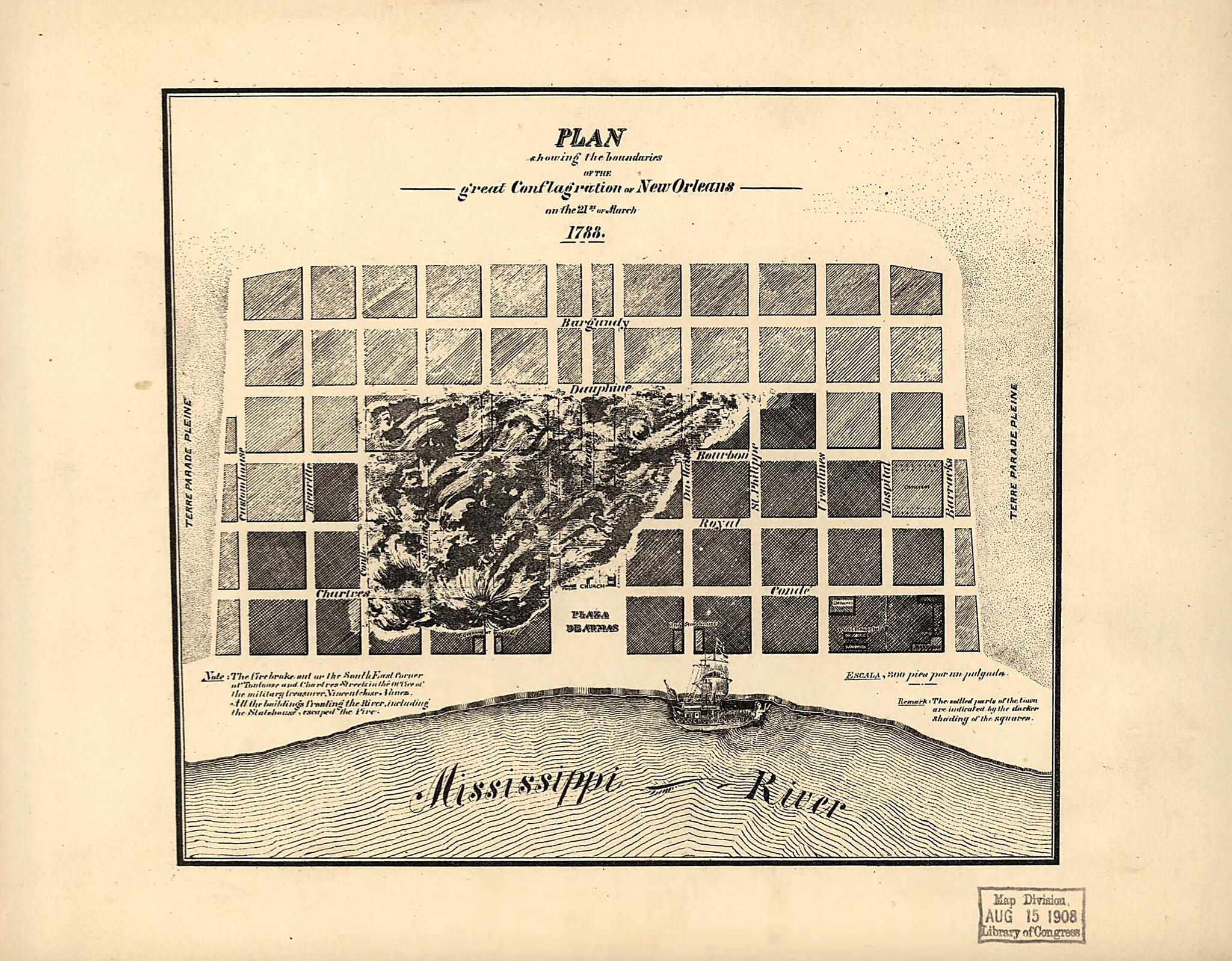 This old map of Plan Showing the Boundaries of the Great Conflagration of New Orleans On the 21st of March 1788 from 1900 was created by in 1900