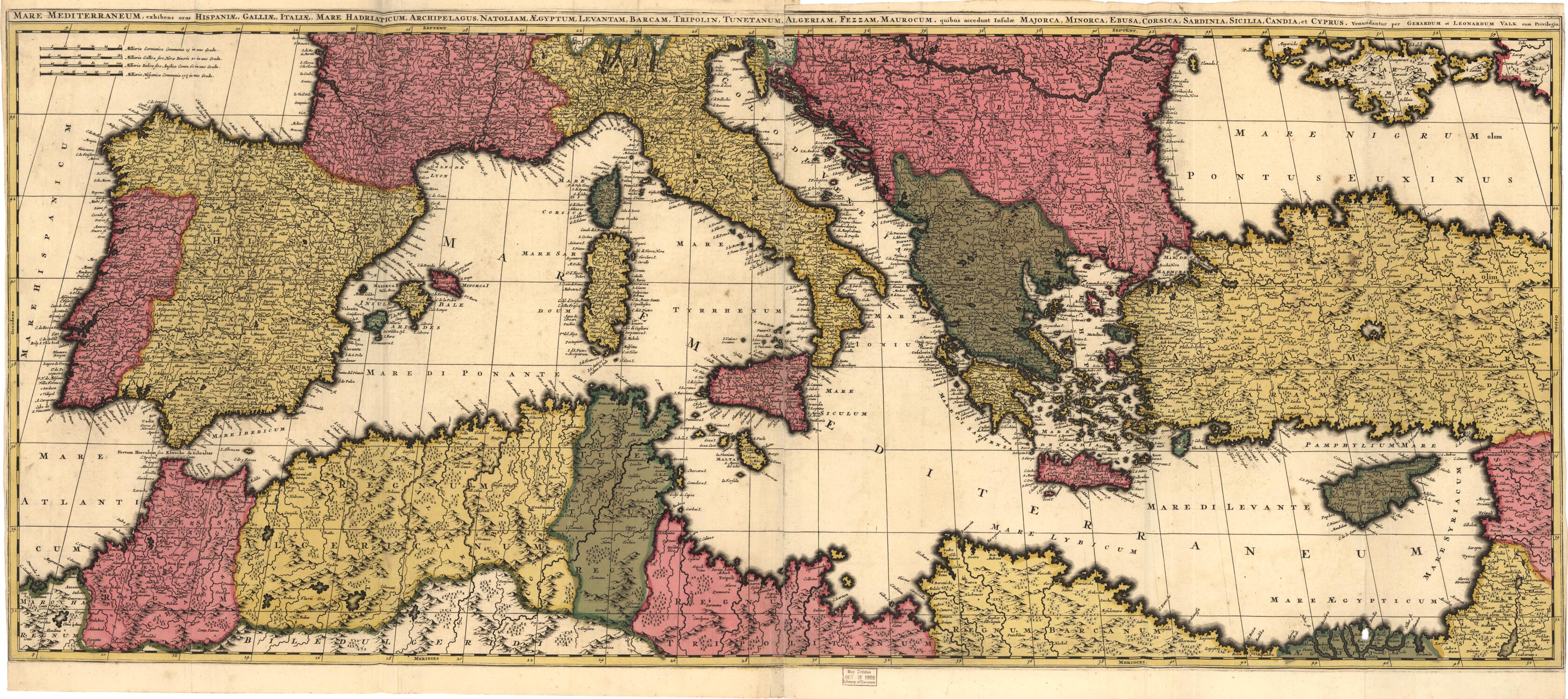 Mare Mediterraneum, Exhibens Oras Hispaniæ, Galliæ, Italiæ, Mare Hadriaticum, Archipelagus, Natoliam, ægyptum, Levantam, Barcam, Tripolin, Tunetanum, Algeriam, Fezzam, Maurocum in 1695 by Relic Map Company