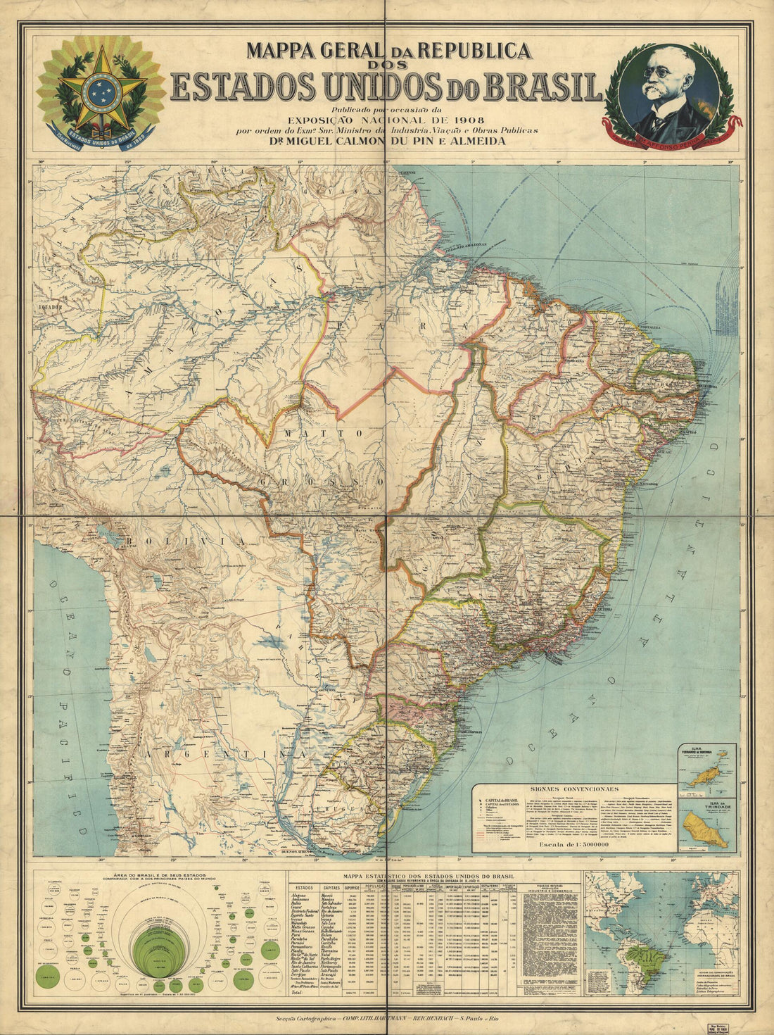 This old map of Mappa Geral Da Republica Dos Estados Unidos Do Brasil from 1908 was created by Miguel Calmon, Reichenbach in 1908