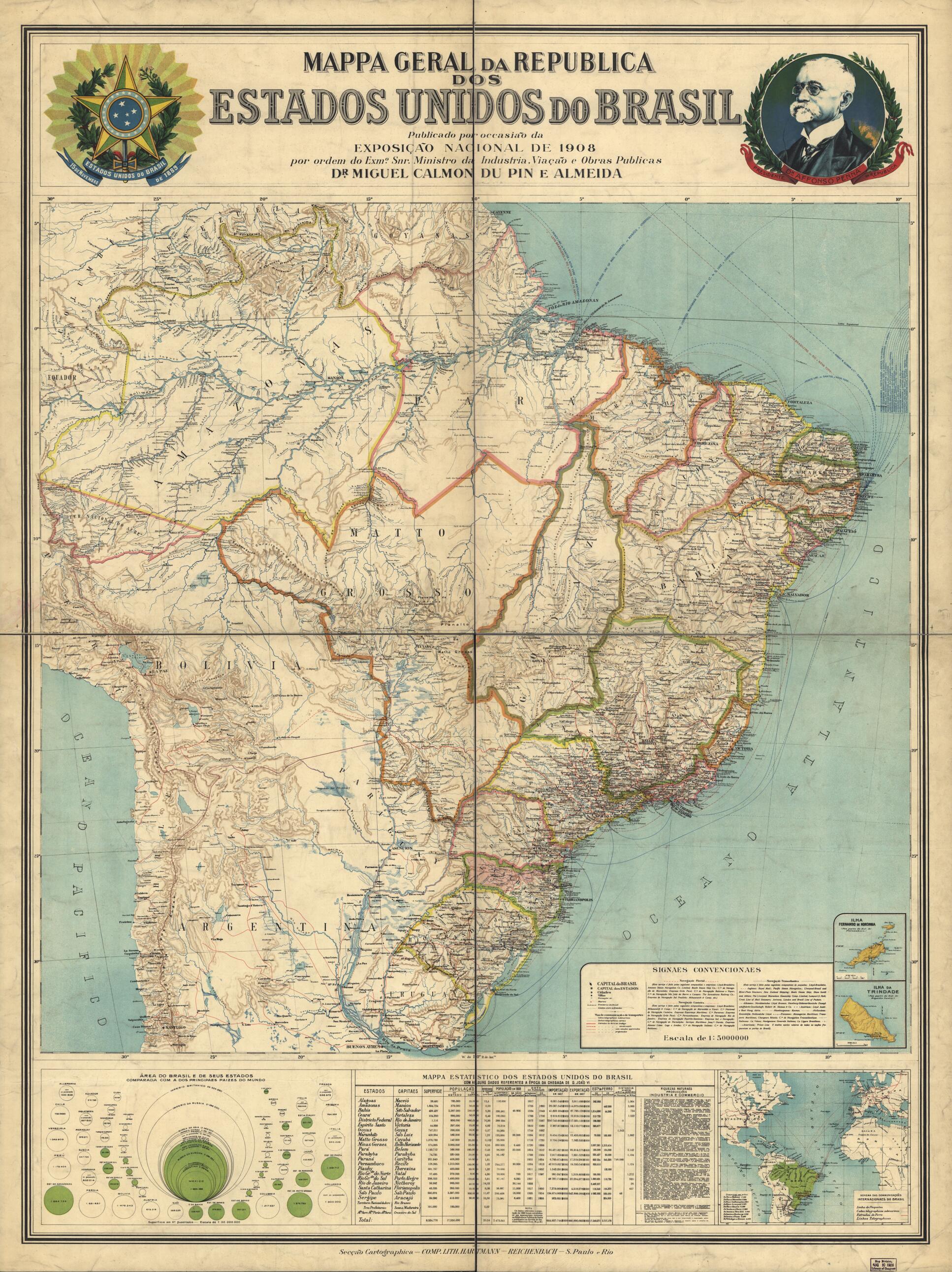 This old map of Mappa Geral Da Republica Dos Estados Unidos Do Brasil from 1908 was created by Miguel Calmon, Reichenbach in 1908