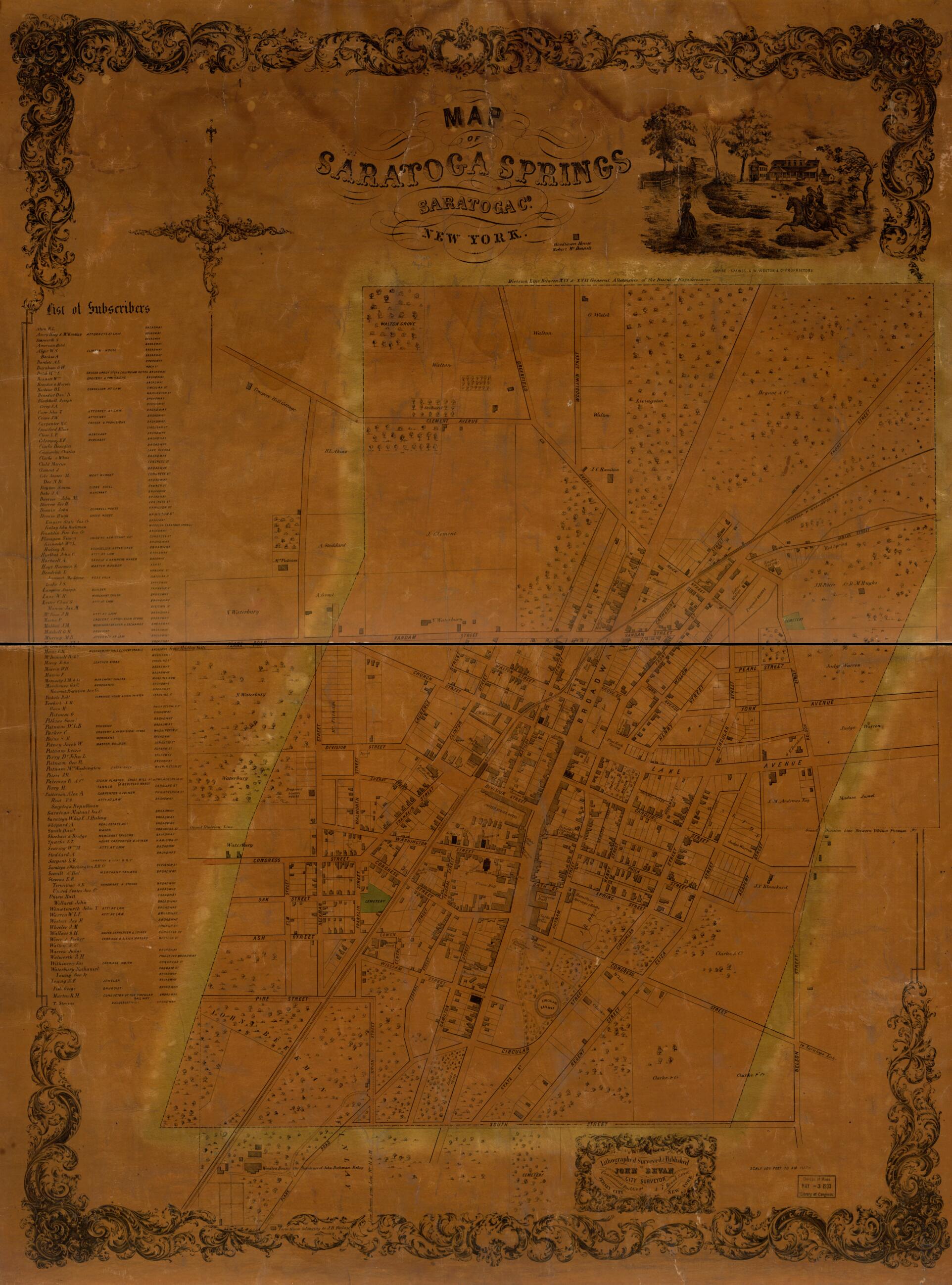 This old map of Map of Saratoga Springs, Saratoga Connecticut, New York from 1850 was created by John Bevan in 1850