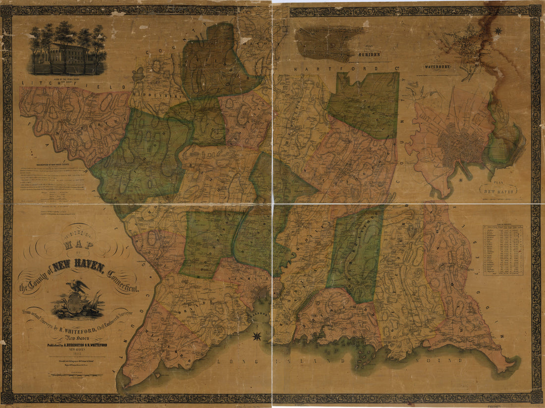 This old map of Map of the County of New Haven, Connecticut from 1852 was created by A. Budington, R. Whiteford in 1852