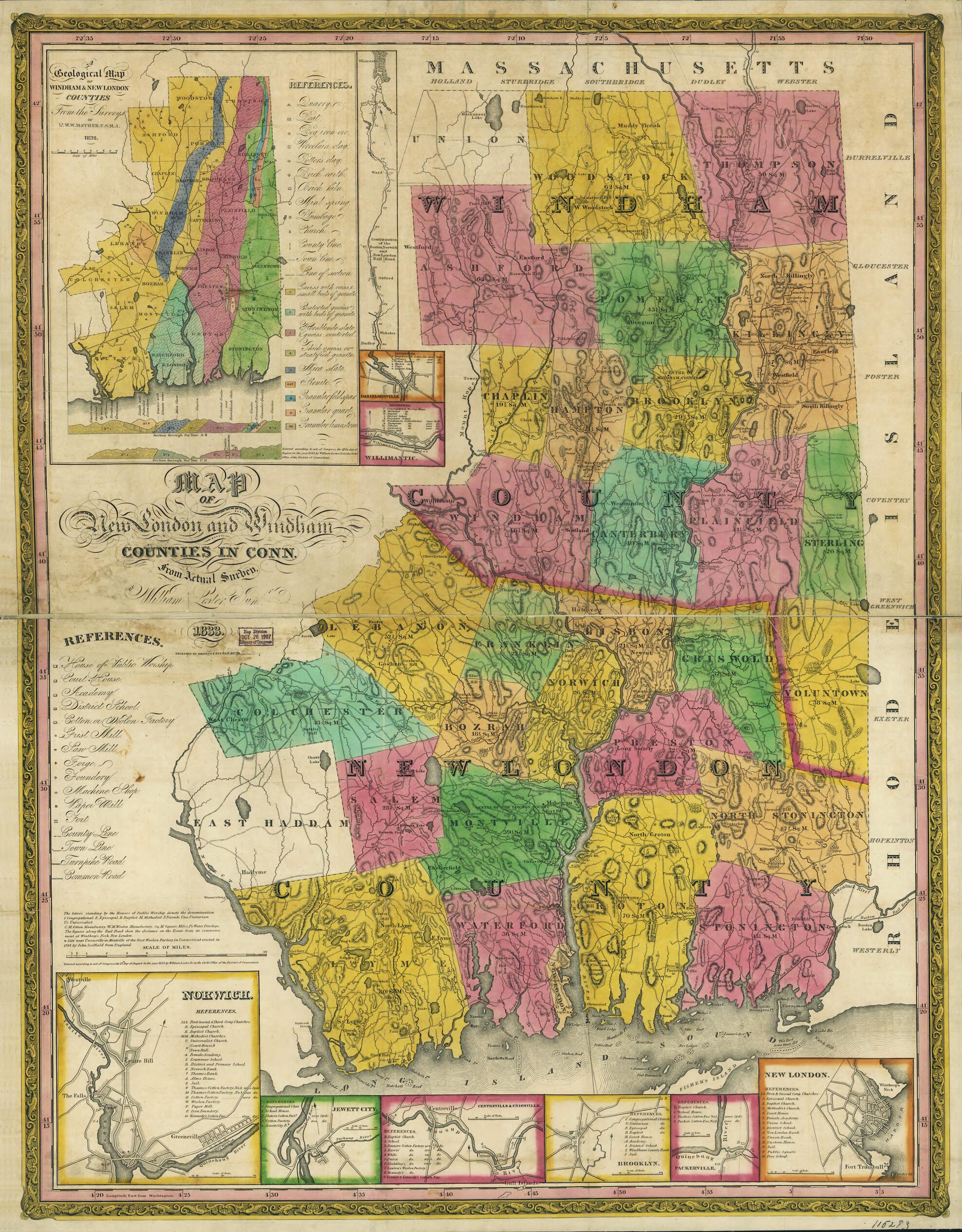 This old map of Map of New London and Windham Counties In Connecticut from 1833 was created by William Lester in 1833