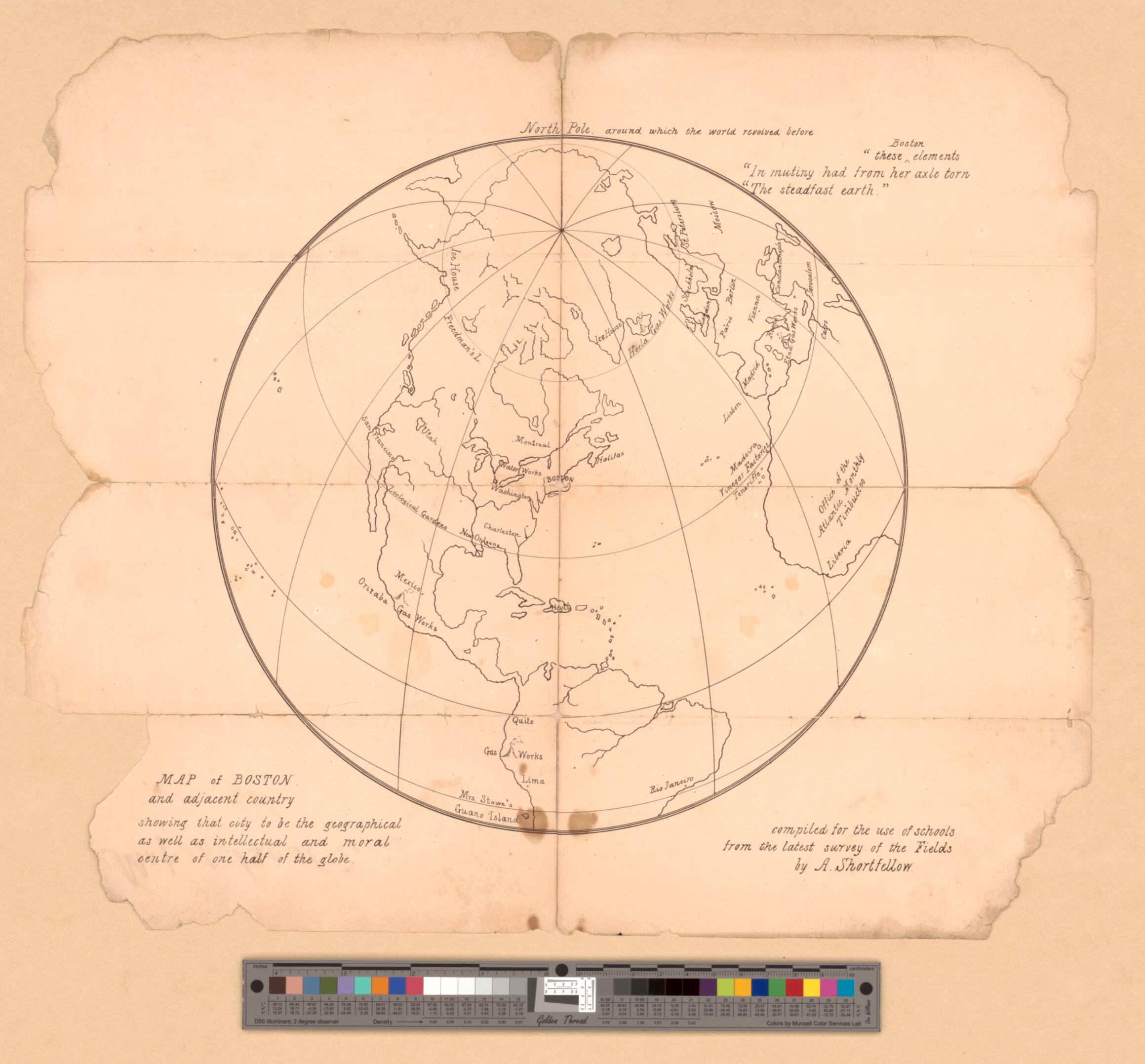 This old map of Map of Boston and Adjacent Country Showing That City to Be the Geographical As Well As Intellectual and Moral Centre of One Half of the Globe from 1900 was created by A. Shortfellow in 1900