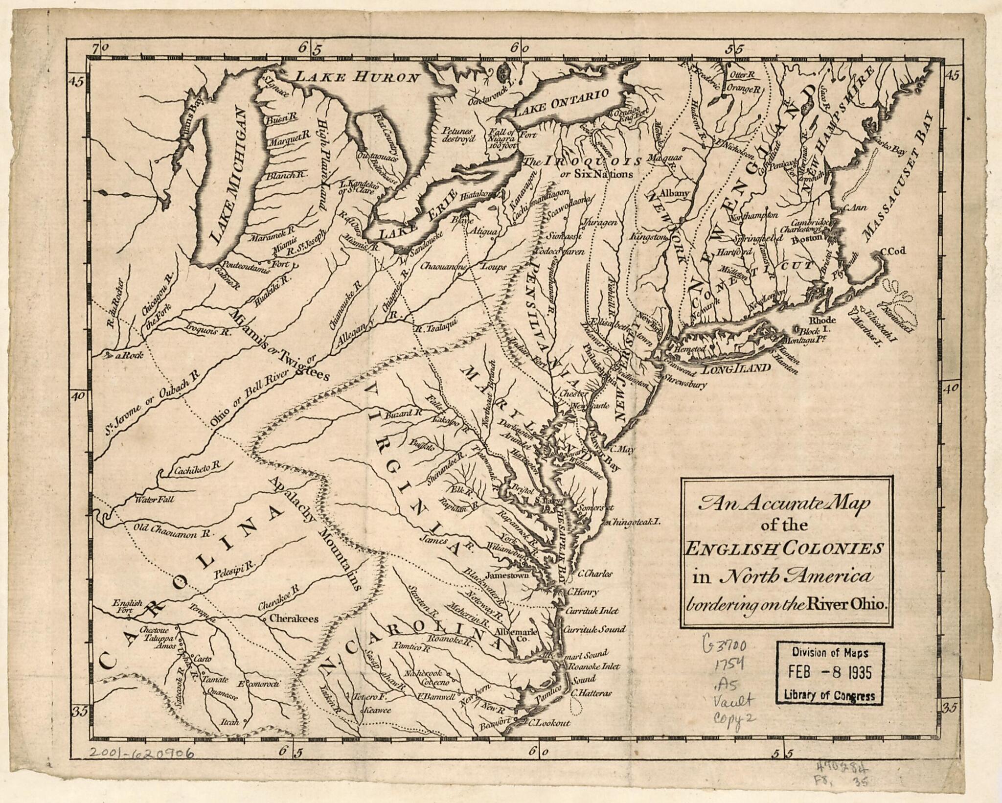 An Accurate Map of the English Colonies In North America, Bordering On the River Ohio 1754 by Relic Map Company