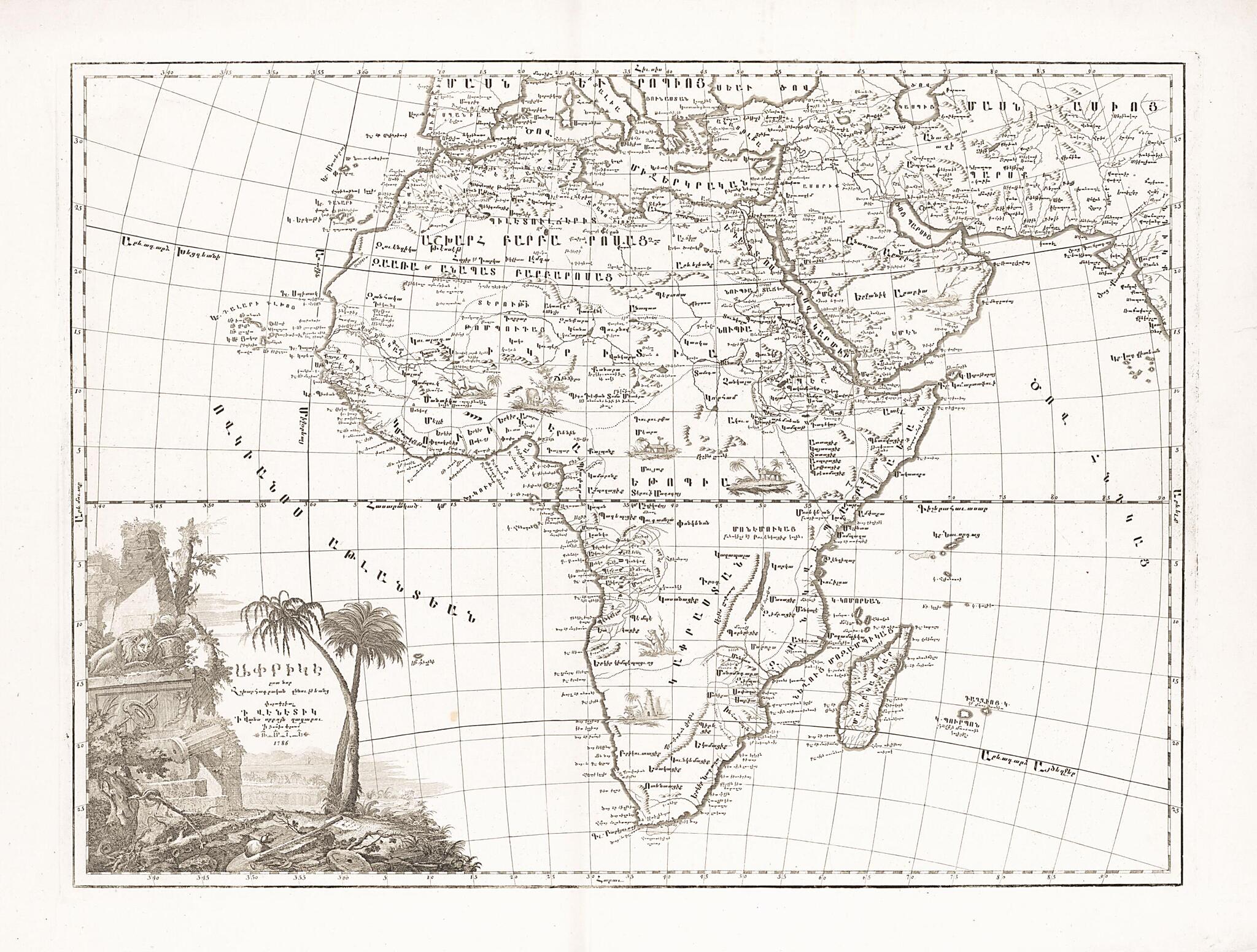 This old map of Afrika, ěst Nor Ashkharhagrakan Znnutʻeantsʻ : Pʻoragreal I Vēnētik I Vans Srboyn Ghazaru I Tʻuis Merum 1235 from 1786 was created by Elia Endasian, Italy) Vankʻ Srboyn Ghazaru (Venice in 1786