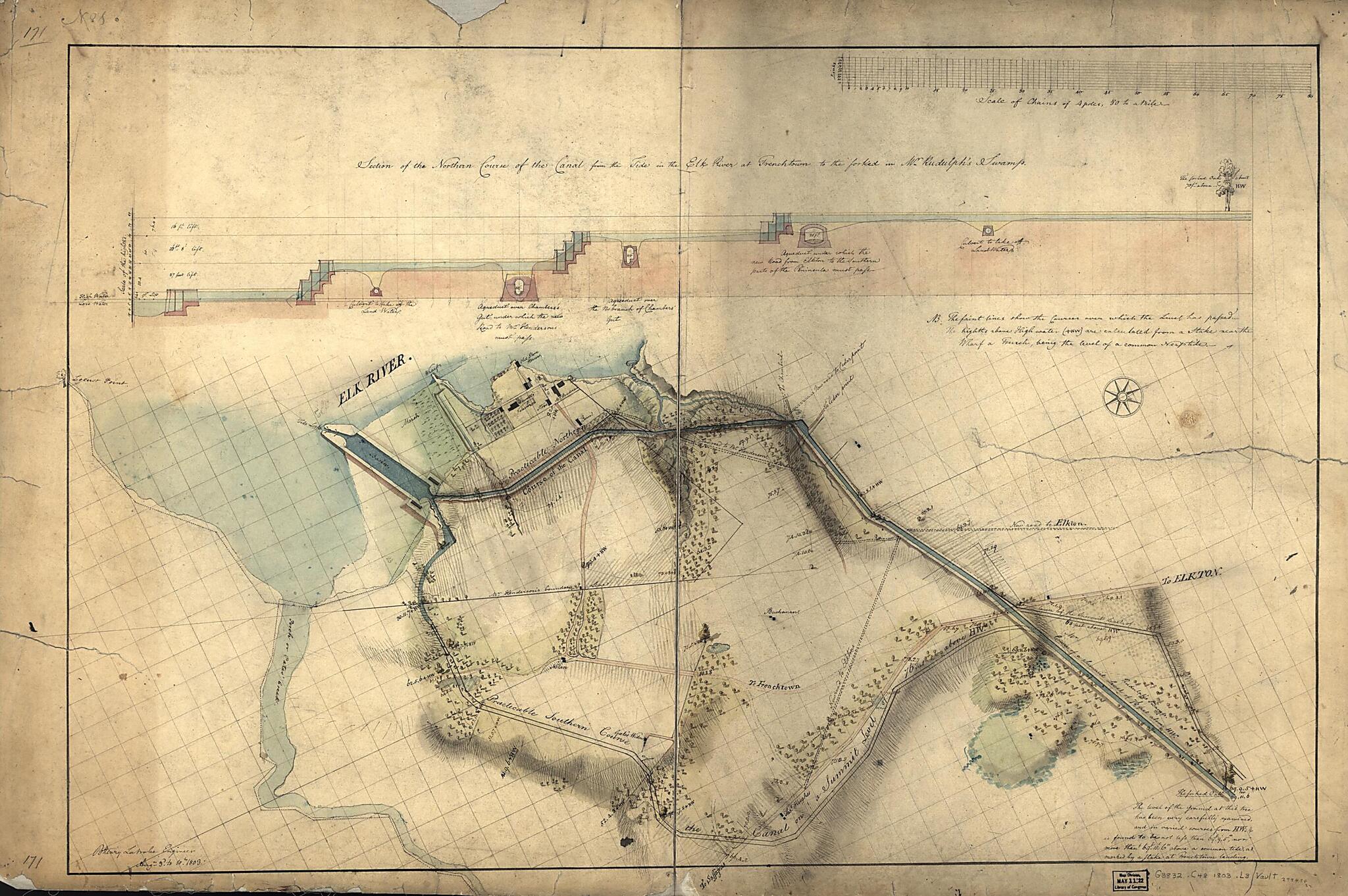 This old map of Section of the Northern Course of the Canal from the Tide In the Elk River at Frenchtown to the Forked oak In Mr. Rudulph&