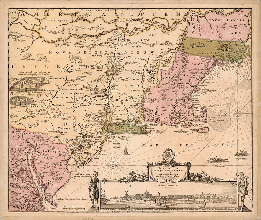 This old map of Novi Belgii Novæque Angliæ Nec Non Partis Virginiæ Tabula : Multis In Locis Emendata from 1690 was created by Petrus Schenk, Nicolaes Visscher in 1690