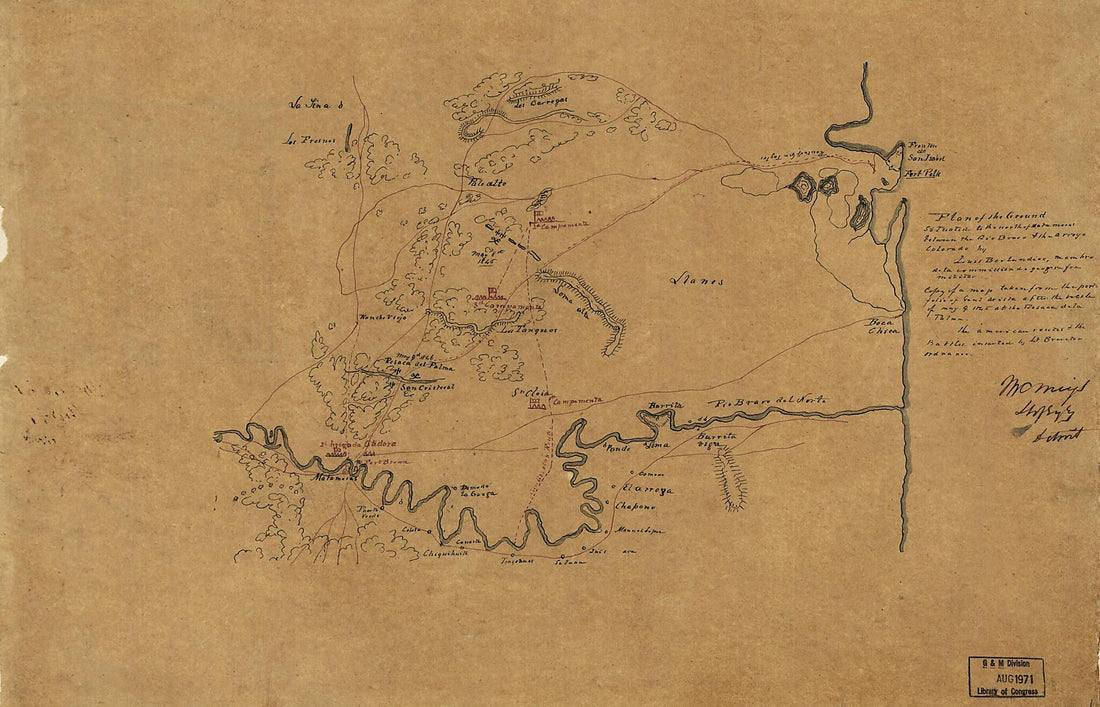 This old map of Plan of the Ground Situated to the North of Matamoras sic Between the Rio Bravo & the Arroyo Colorado from 1846 was created by Jean Louis Berlandier in 1846