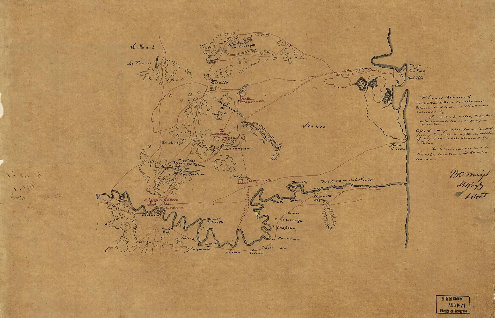 This old map of Plan of the Ground Situated to the North of Matamoras sic Between the Rio Bravo & the Arroyo Colorado from 1846 was created by Jean Louis Berlandier in 1846