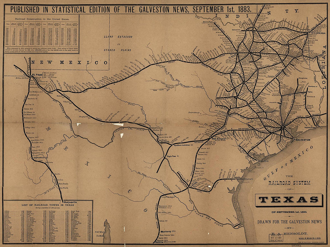 This old map of The Railroad System of Texas On September 1st, from 1883 was created by E. A. Hensoldt, Rand McNally and Company in 1883