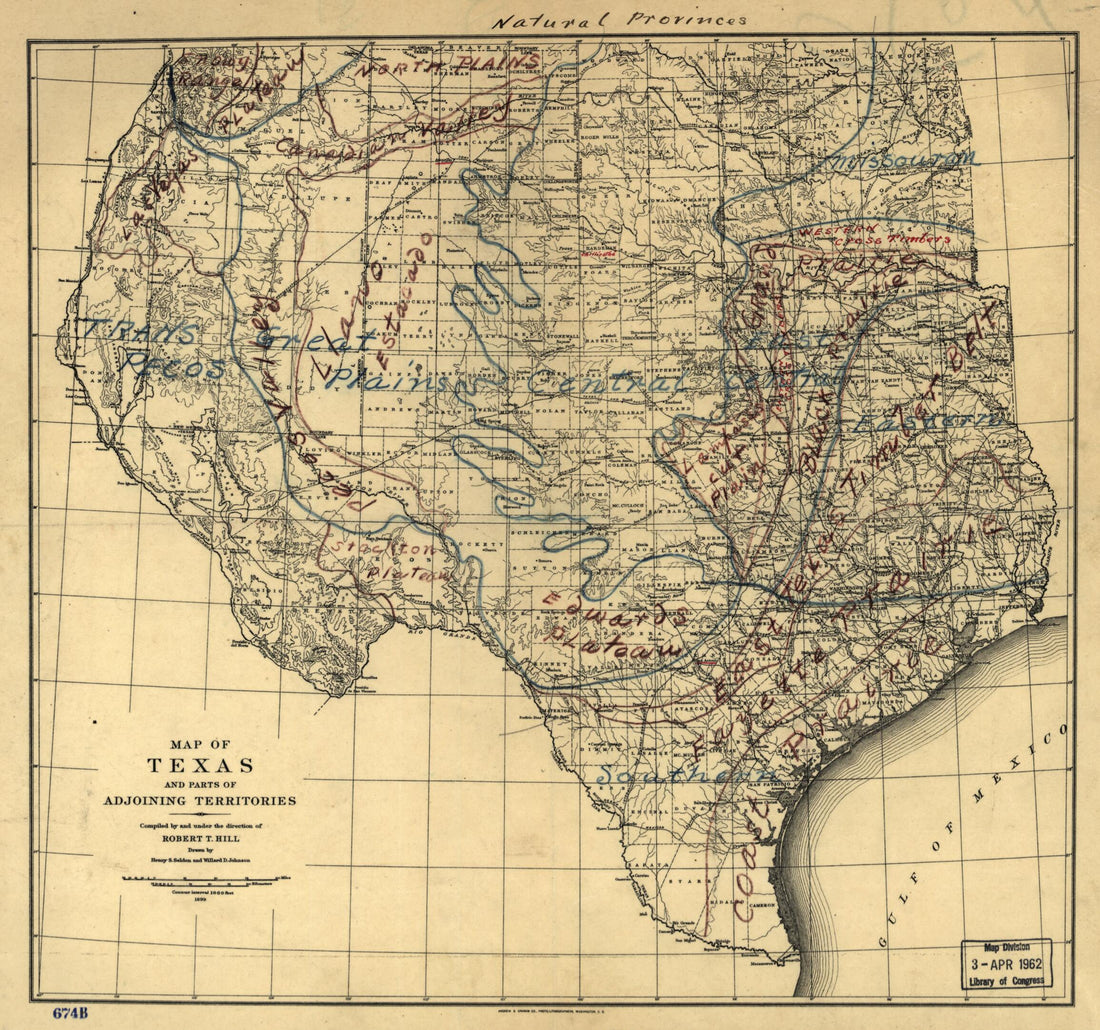 This old map of Natural Provinces : Texas from 1899 was created by Andrew B. Graham Co, Robert Thomas Hill, Willard D. Johnson, Henry S. Selden in 1899