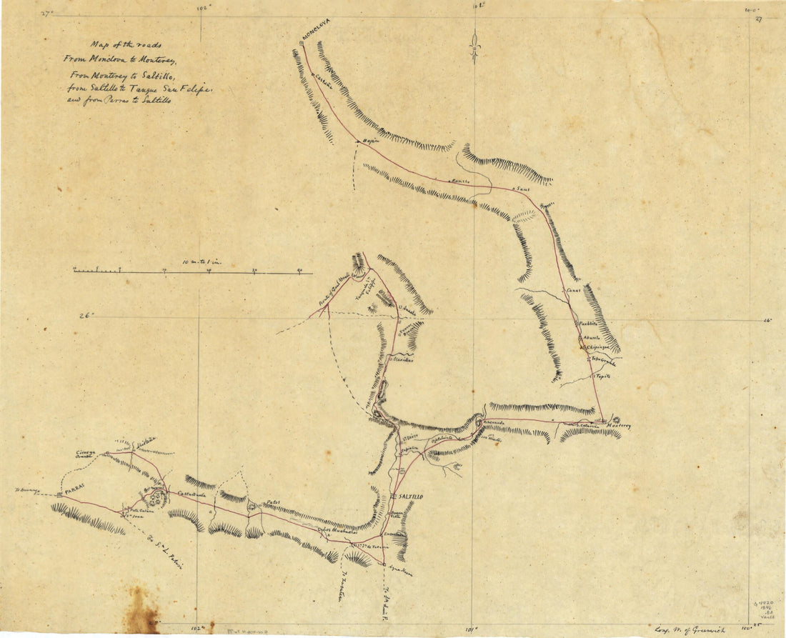 This old map of Map of the Roads from Monclova to Monterey, from Monterey to Saltillo, from Saltillo to Tanque San Felipe, and from Parras to Saltillo from 1846 was created by Joseph Goldsborough Bruff in 1846
