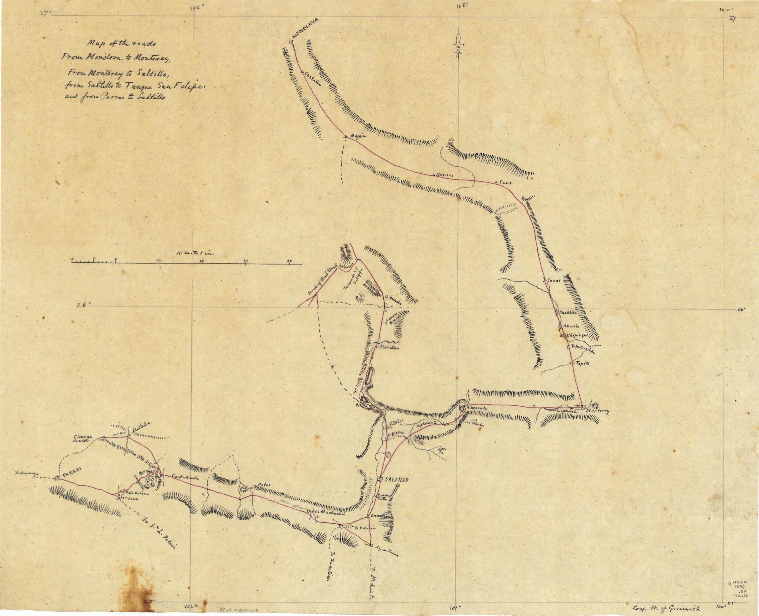 This old map of Map of the Roads from Monclova to Monterey, from Monterey to Saltillo, from Saltillo to Tanque San Felipe, and from Parras to Saltillo from 1846 was created by Joseph Goldsborough Bruff in 1846
