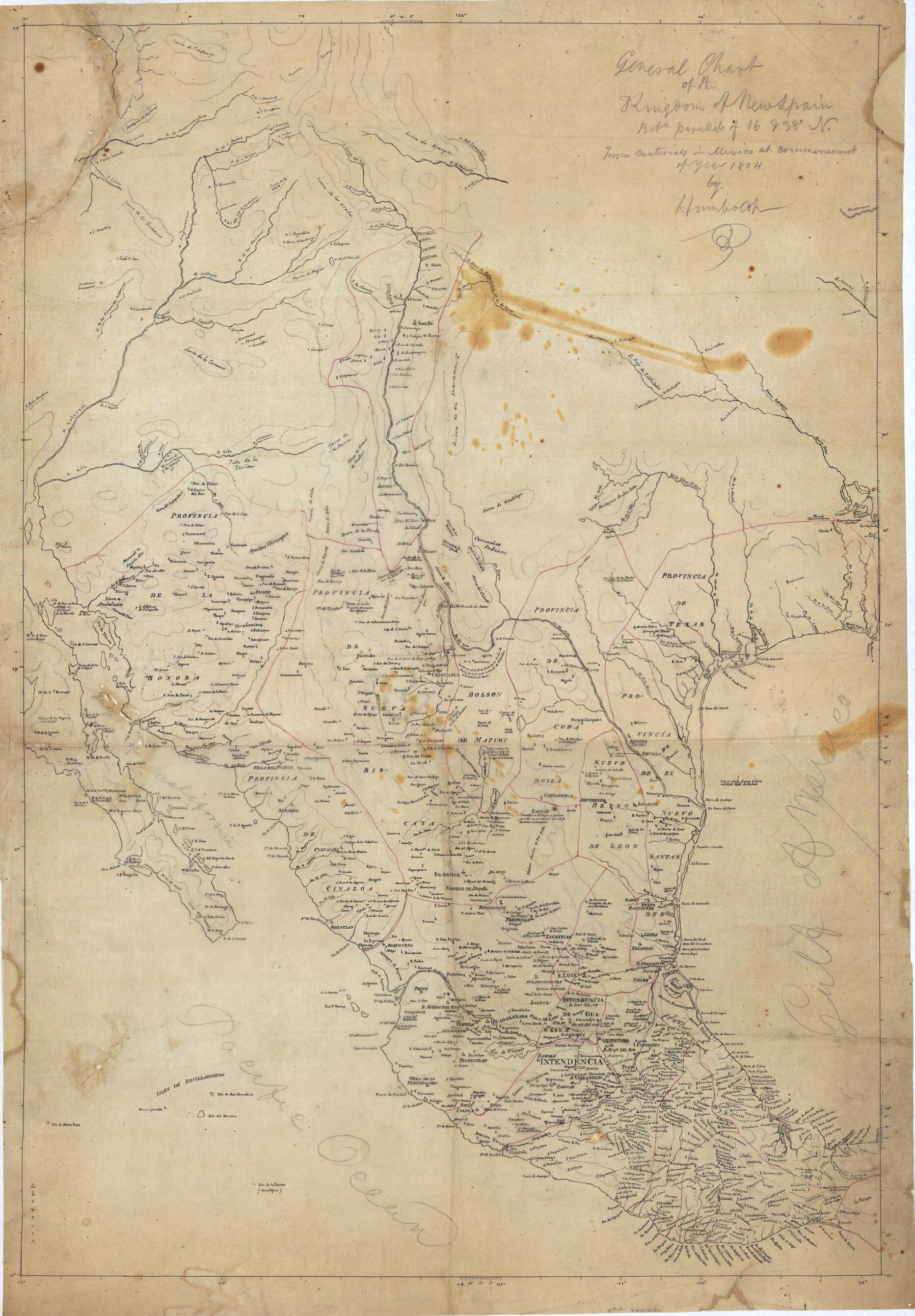 This old map of General Chart of the Kingdom of New Spain Betn. Parallels of 16 & 38⁰ N. from Materials In Mexico at Commencement of Year of from 1804 was created by Alexander Von Humboldt in 1804