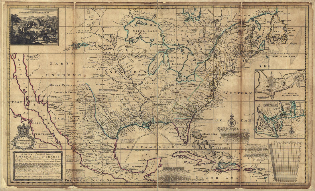 This old map of A New Map of the North Parts of America Claimed by France Under Ye Names of Louisiana, Mississipi i.e. Mississippi, Canada, and New France With Ye Adjoining Territories of England and Spain : to Thomas Bromsall, Esq., This Map of Louisian