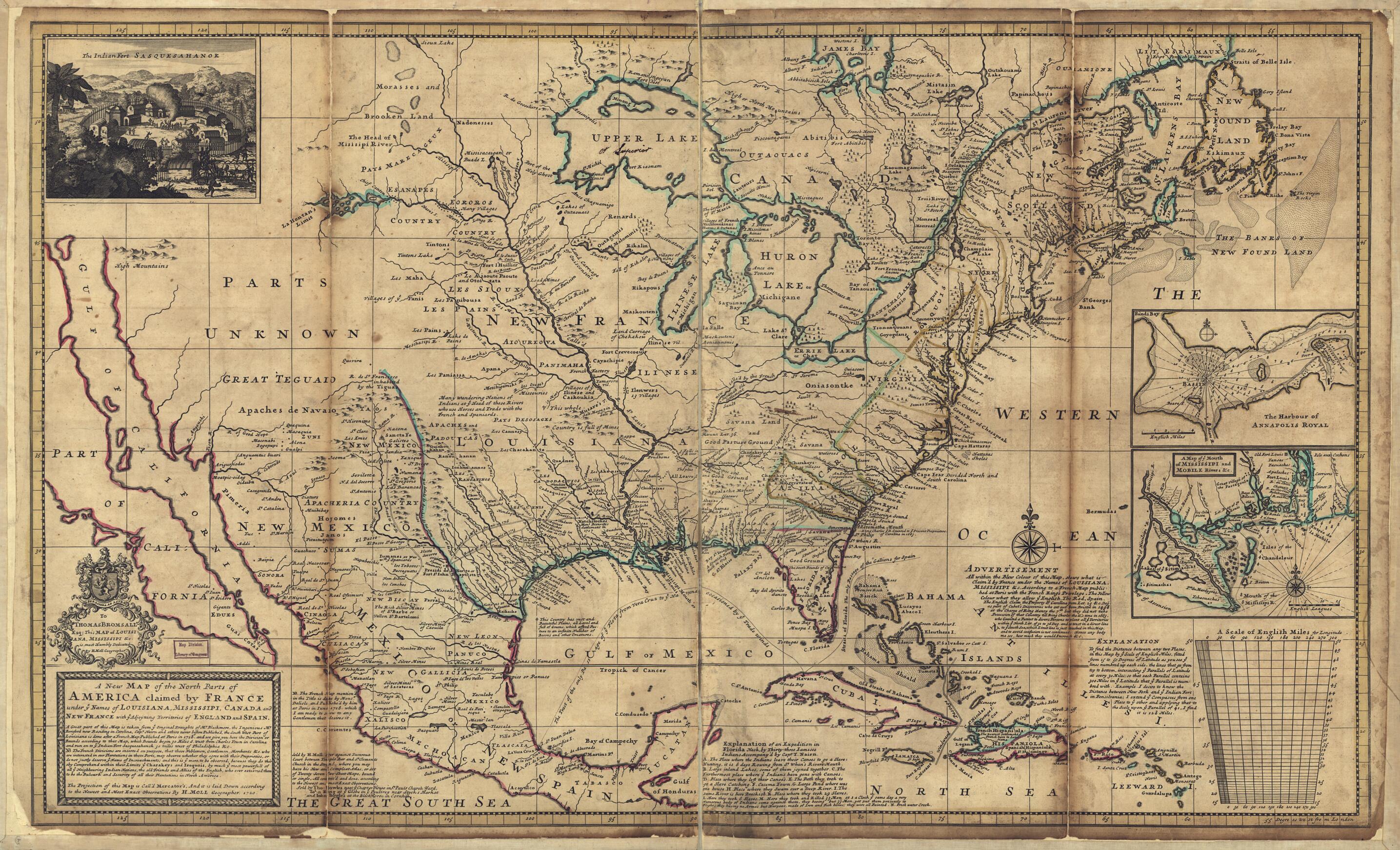 This old map of A New Map of the North Parts of America Claimed by France Under Ye Names of Louisiana, Mississipi i.e. Mississippi, Canada, and New France With Ye Adjoining Territories of England and Spain : to Thomas Bromsall, Esq., This Map of Louisian
