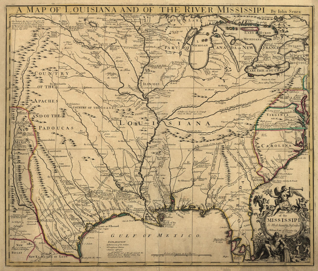 This old map of A Map of Louisiana and of the River Mississipi i.e. Mississippi : This Map of the Mississipi i.e. Mississippi Is Most Humbly Inscribed to William Law of Lanreston, Esq from 1721 was created by Daniel Browne, John Senex in 1721