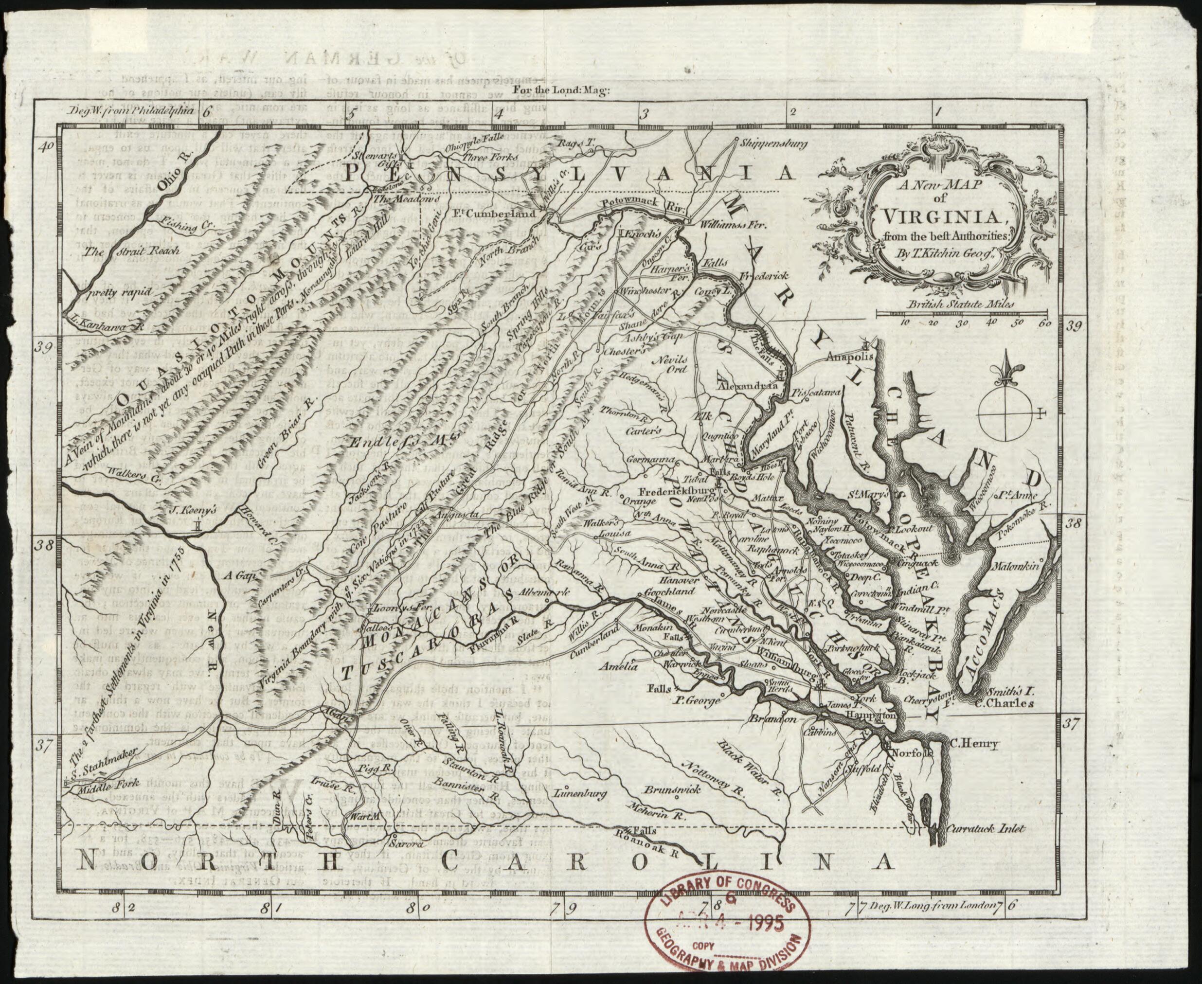 This old map of A New Map of Virginia from the Best Authorities from 1761 was created by Thomas Kitchin in 1761