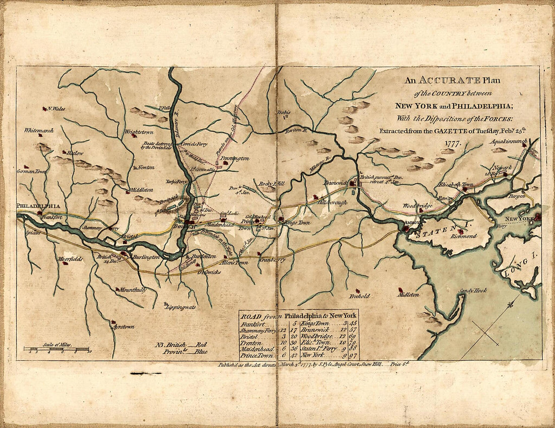 This old map of An Accurate Plan of the Country Between New York and Philadelphia : With the Dispositions of the Forces. (York à Philadelphie En from 1777 :) was created by Stephen Pyle in 1777
