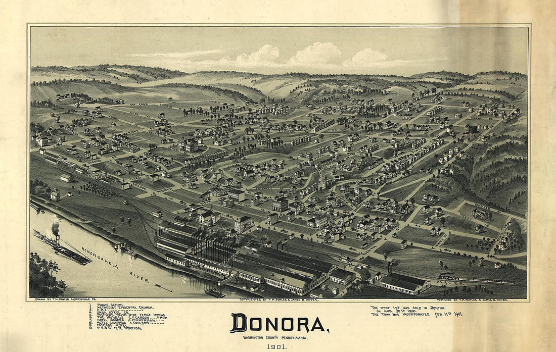 This old map of Donora, Washington County, Pennsylvania, from 1901 was created by Fowler & Moyer, T. M. (Thaddeus Mortimer) Fowler, James B. Moyer in 1901