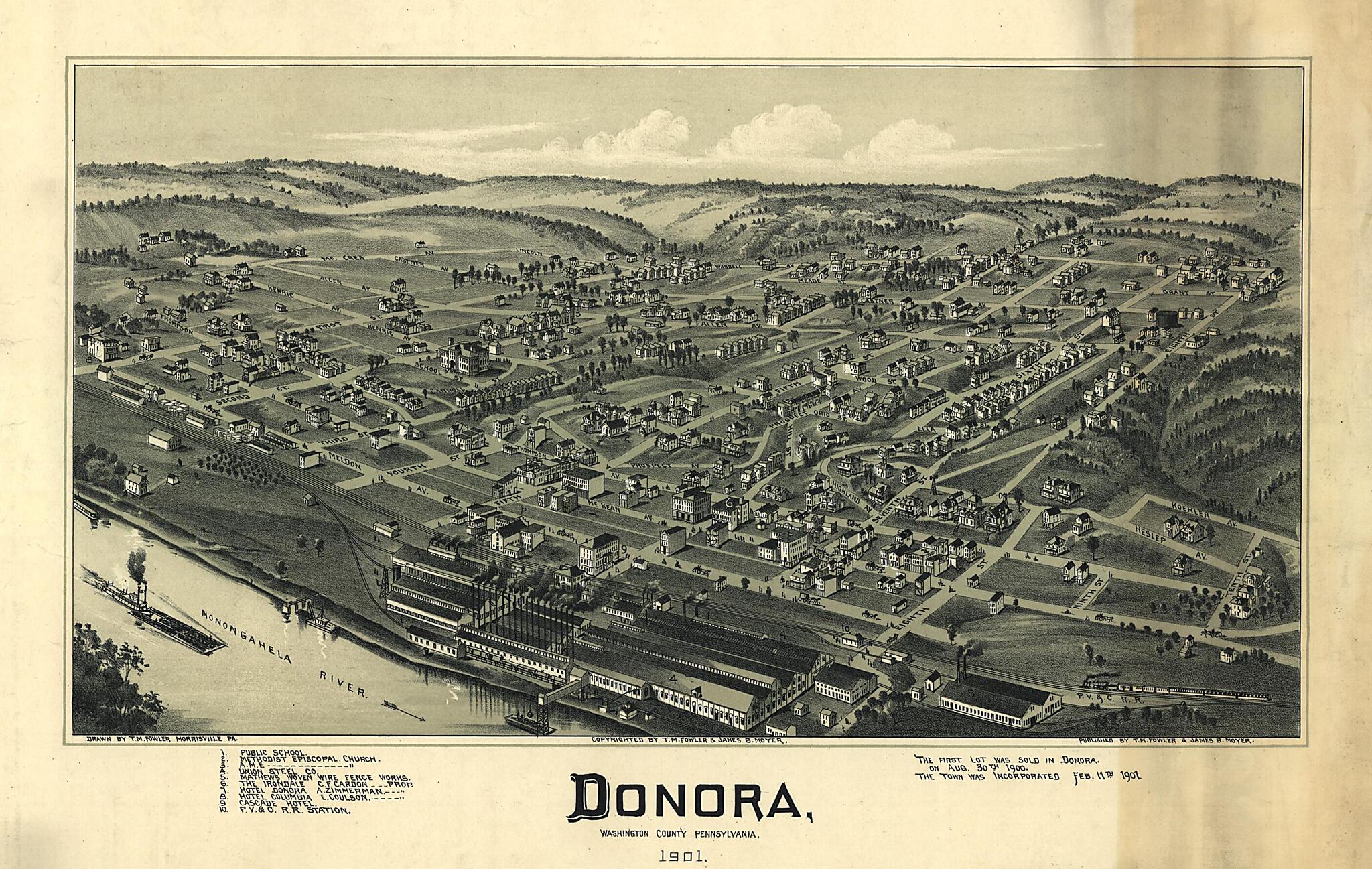 This old map of Donora, Washington County, Pennsylvania, from 1901 was created by Fowler & Moyer, T. M. (Thaddeus Mortimer) Fowler, James B. Moyer in 1901