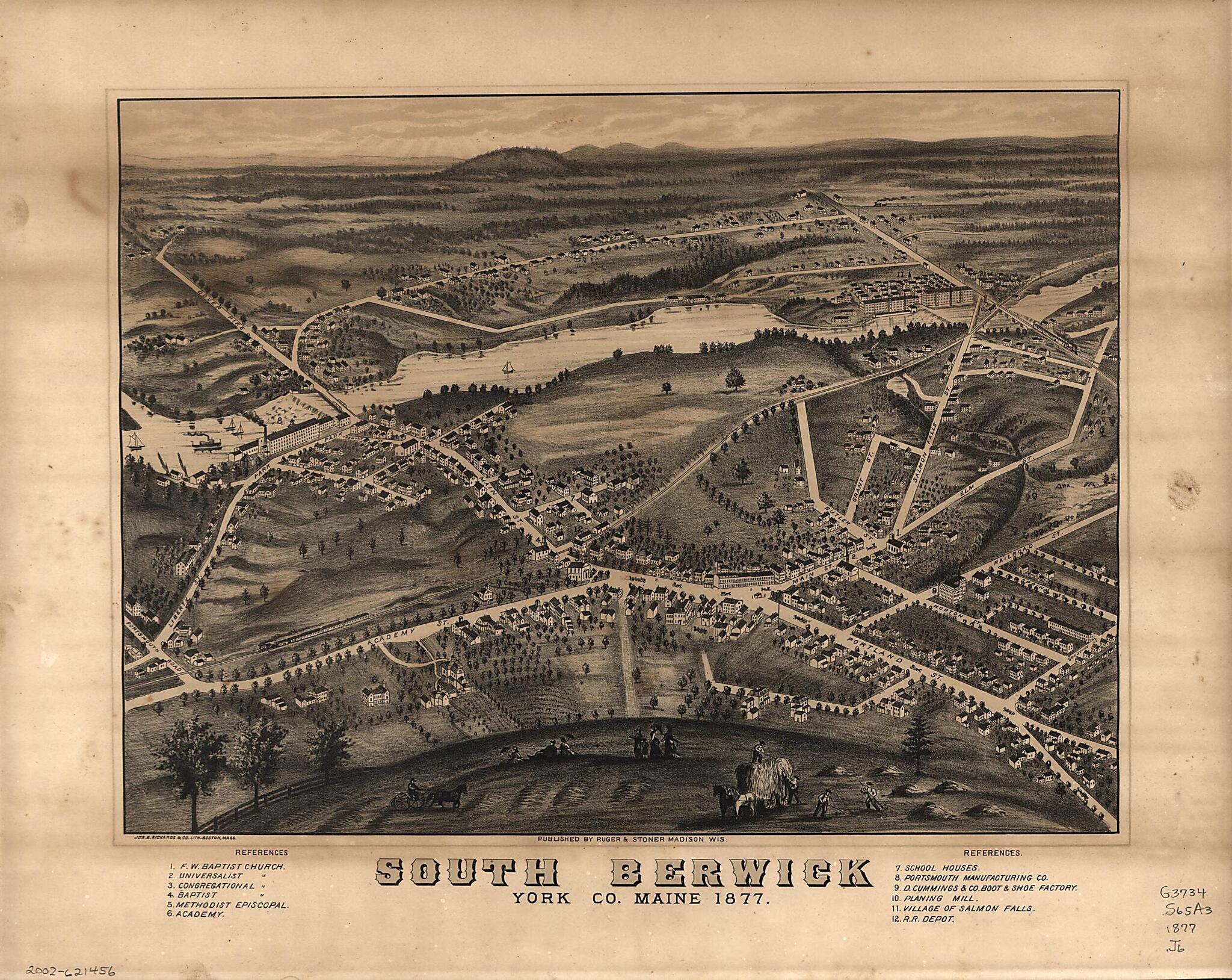 This old map of South Berwick, York County, Maine, from 1877 was created by Jos. B. Richards & Co. Lith, Ruger & Stoner in 1877
