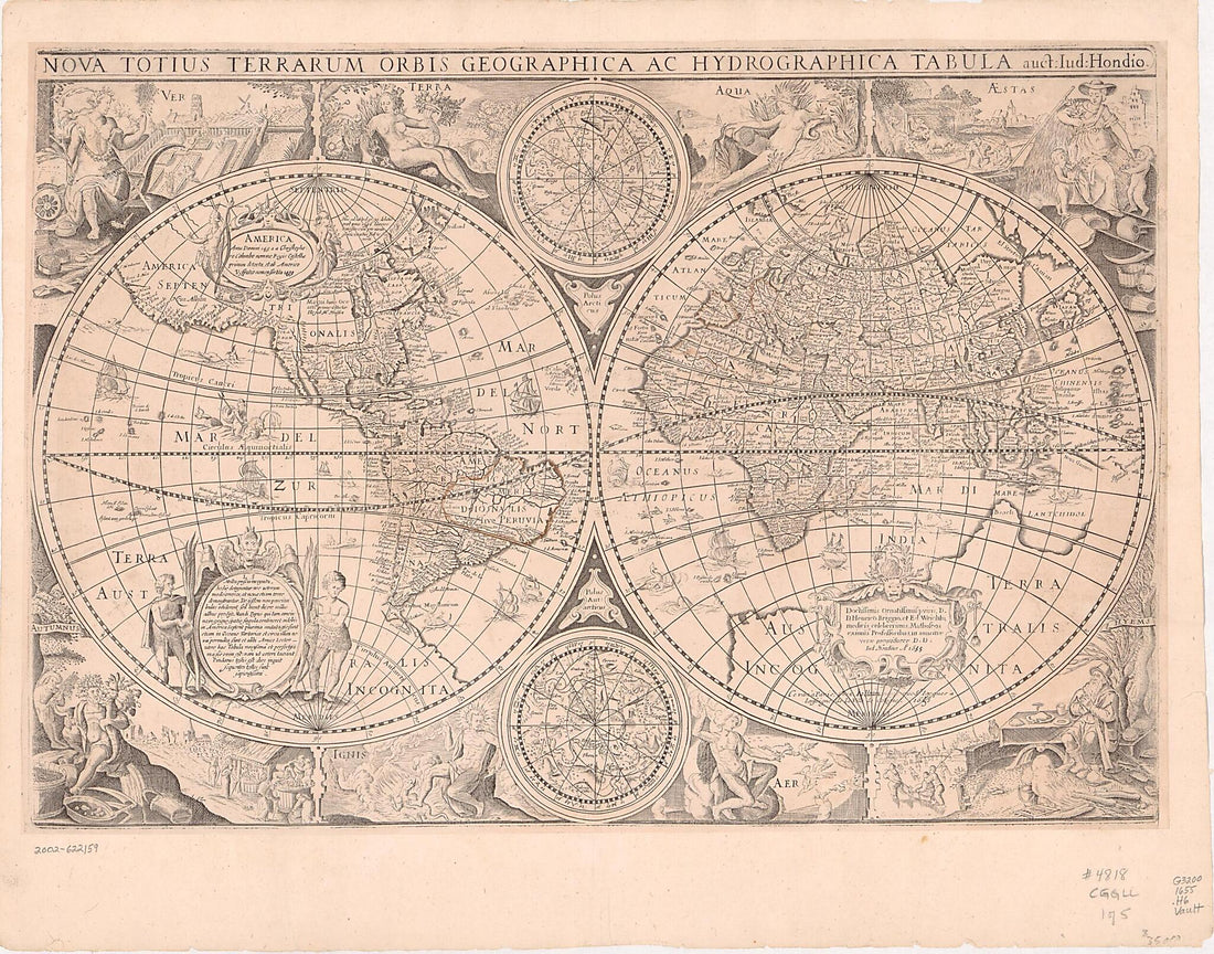 This old map of Nova Totius Terrarum Orbis Geographica Ac Hydrographica Tabula from 1655 was created by Jodocus Hondius in 1655