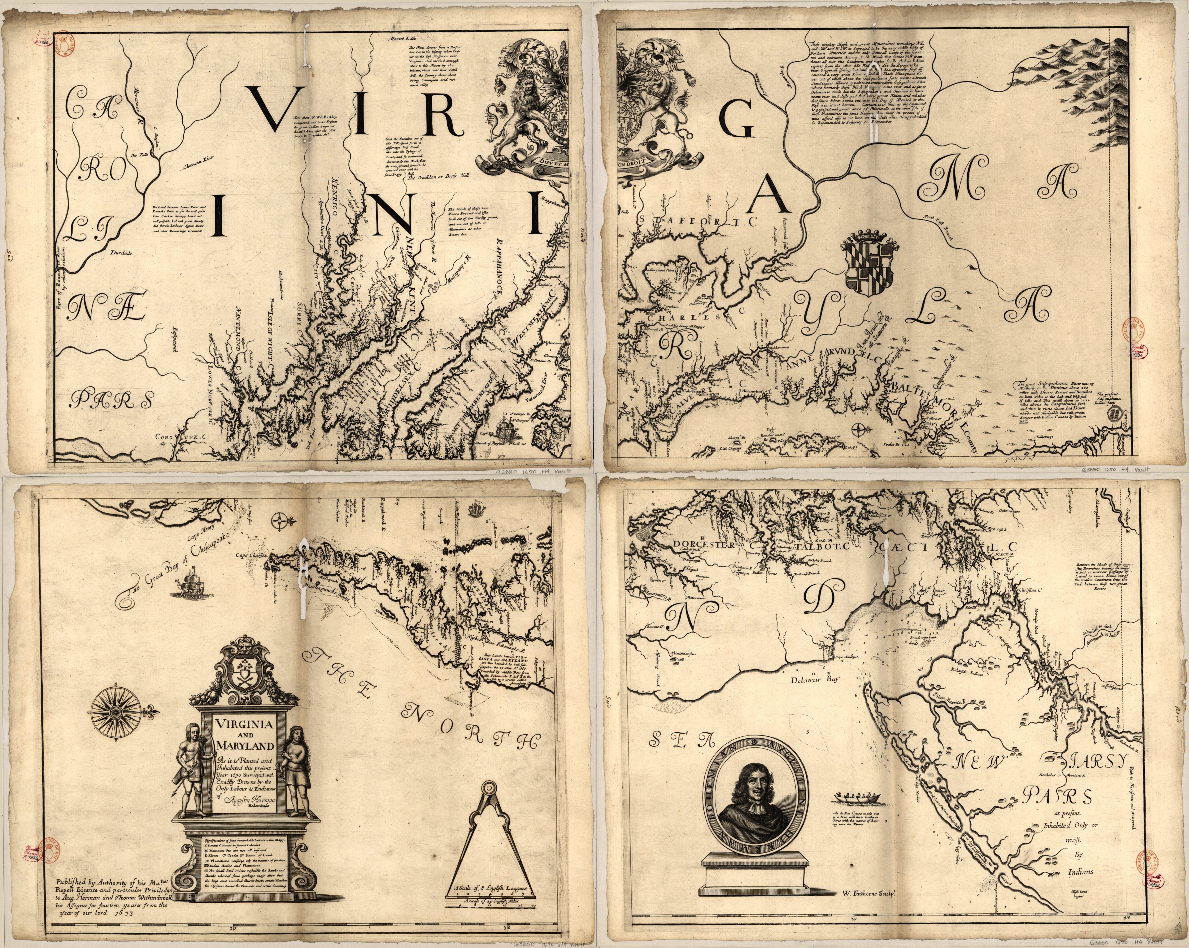 This old map of Virginia and Maryland As It Is Planted and Inhabited This Present Year 1670 from 1673 was created by Henry Faithorne, Augustine Herrman, Thomas Withinbrook in 1673