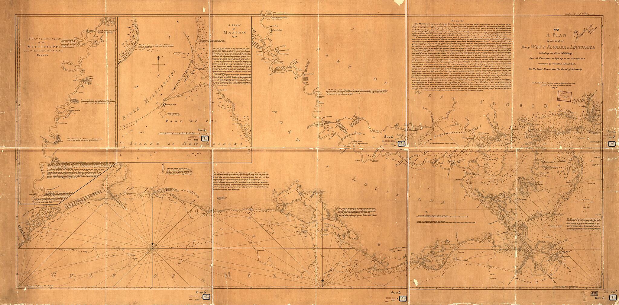 This old map of A Plan of the Coast of Part of West Florida & Louisiana : Including the River Yazous from 1778 was created by George Gauld, J. E. (Julius Erasmus) Hilgard in 1778
