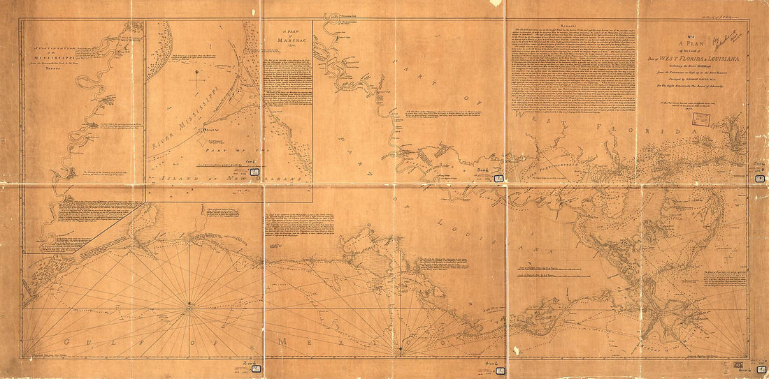 This old map of A Plan of the Coast of Part of West Florida & Louisiana : Including the River Yazous from 1778 was created by George Gauld, J. E. (Julius Erasmus) Hilgard in 1778