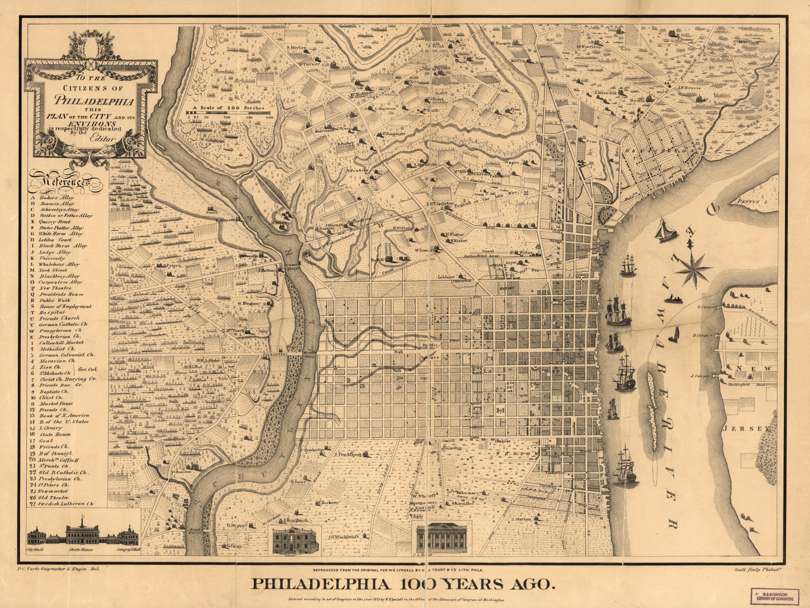 This old map of Philadelphia 100 Years Ago from 1875 was created by J. Toudy & Co, P. C. Varte in 1875
