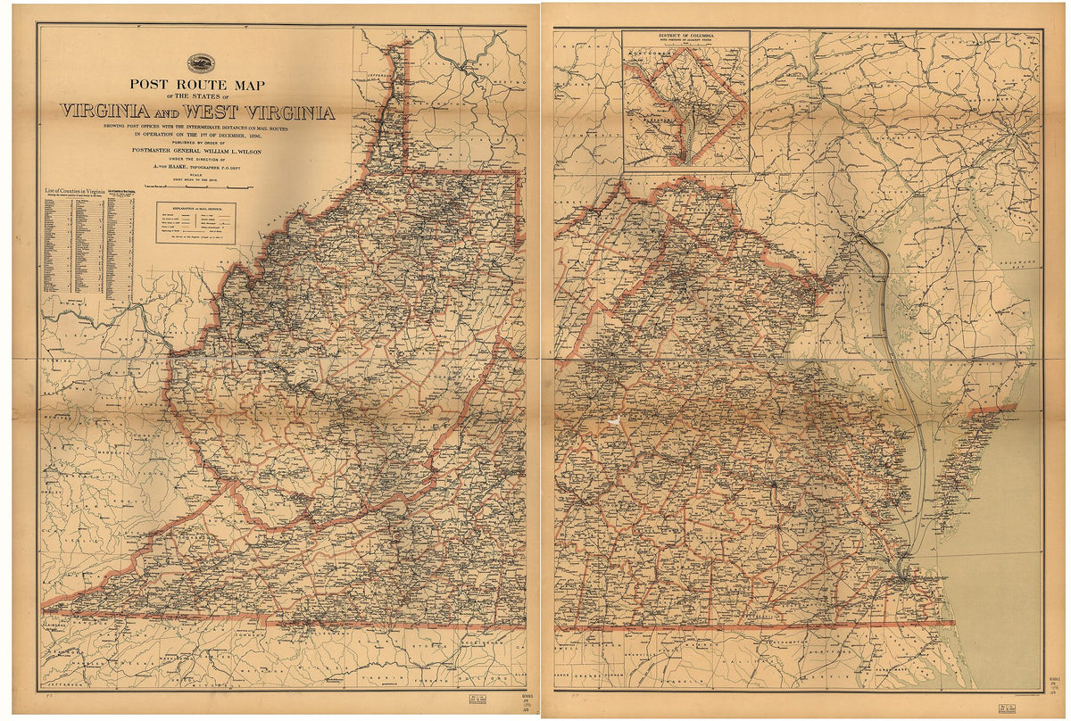 Post Route Map of the States of Virginia and West Virginia : Showing Post Offices With the Intermediate Distances and Mail Routes In Operation On the 1st of September, in 1896 by Relic Map Company