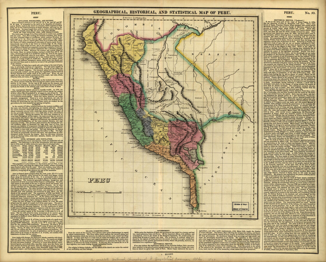 This old map of Peru (Geographical, Historical and Statistical Map of Peru) from 1822 was created by Carey & Lea, Henry Charles Carey, James Finlayson, Isaac Lea, Joseph Yeager in 1822